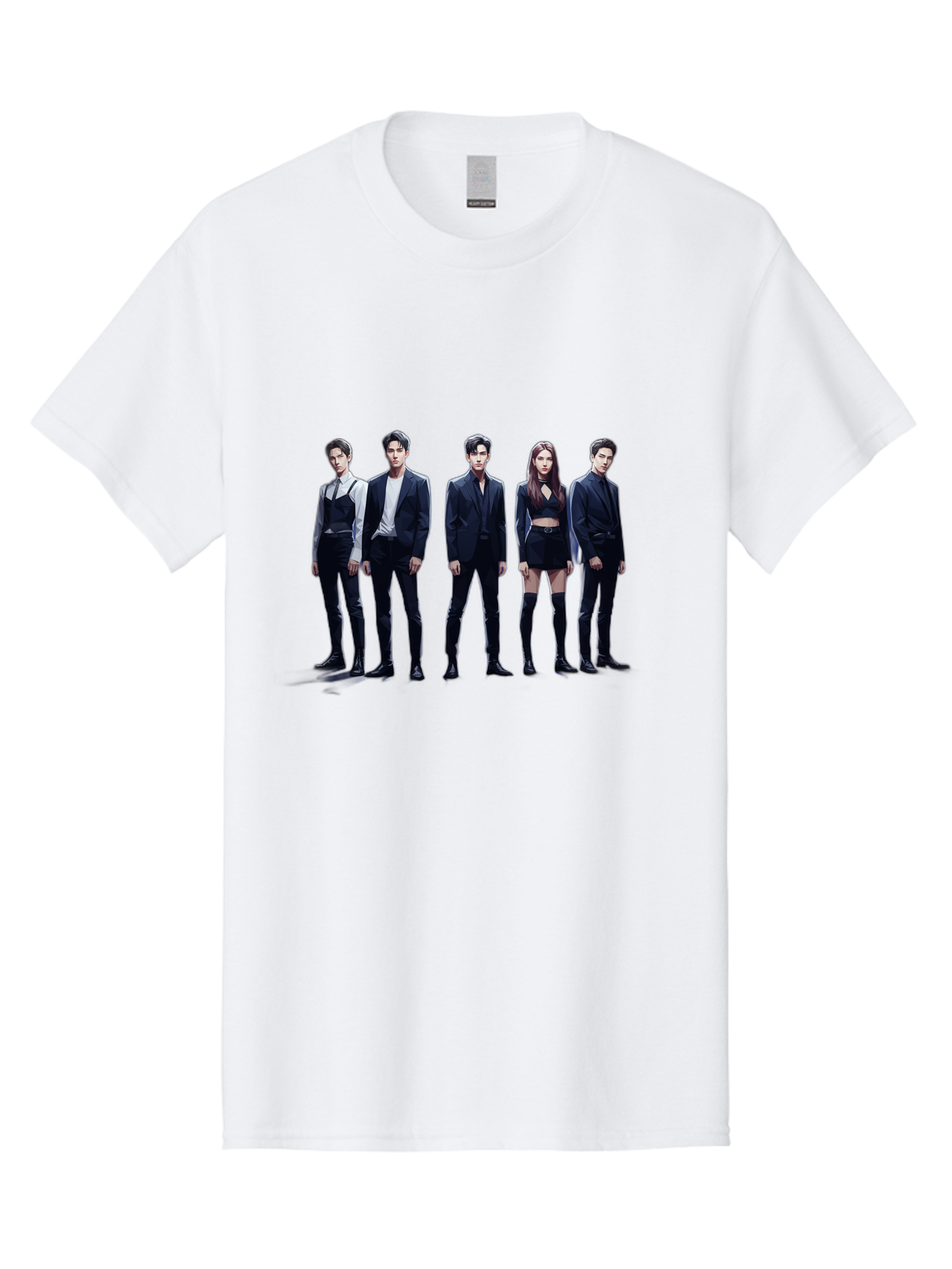 K-Pop-Group-5 Men'S Graphic Tee, 100% Cotton, Comfortable Casual Summer Wear, Machine Washable, K-Pop Group Promotional Image, Fashion Models Posing, Black Outfits, Edgy Style, Modern Fashion Trends, Stylish Attire, Minimalist Chic Bac094
