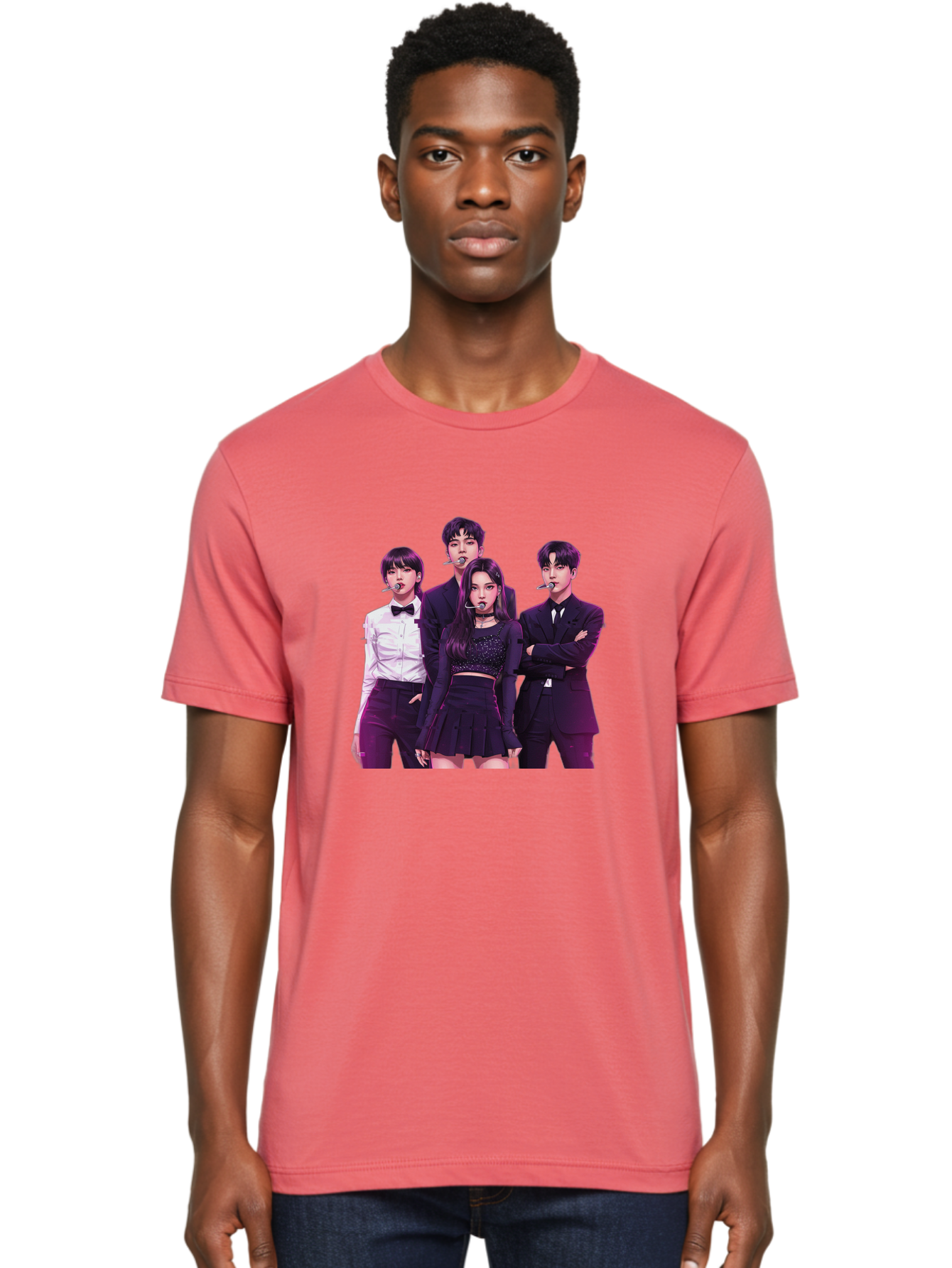 K-Pop-Group-6 Men'S Graphic Tee, 100% Cotton, Comfortable Casual Summer Wear, Machine Washable, K-Pop Performers, Group Portrait, Microphone Headset, Formal Attire, Black And White Clothing, Fashion Style, Music Industry, Pop Culture, Bac095