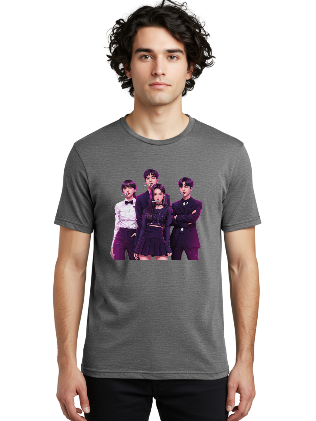 K-Pop-Group-6 Men'S Graphic Tee, 100% Cotton, Comfortable Casual Summer Wear, Machine Washable, K-Pop Performers, Group Portrait, Microphone Headset, Formal Attire, Black And White Clothing, Fashion Style, Music Industry, Pop Culture, Bac095