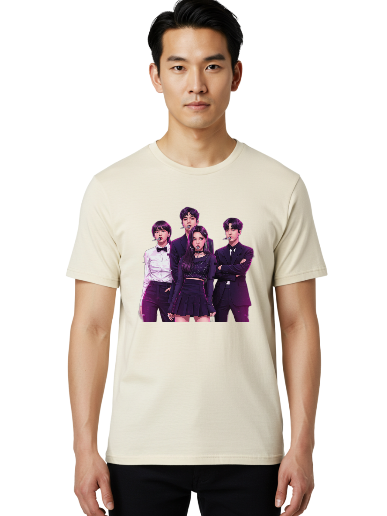 K-Pop-Group-6 Men'S Graphic Tee, 100% Cotton, Comfortable Casual Summer Wear, Machine Washable, K-Pop Performers, Group Portrait, Microphone Headset, Formal Attire, Black And White Clothing, Fashion Style, Music Industry, Pop Culture, Bac095