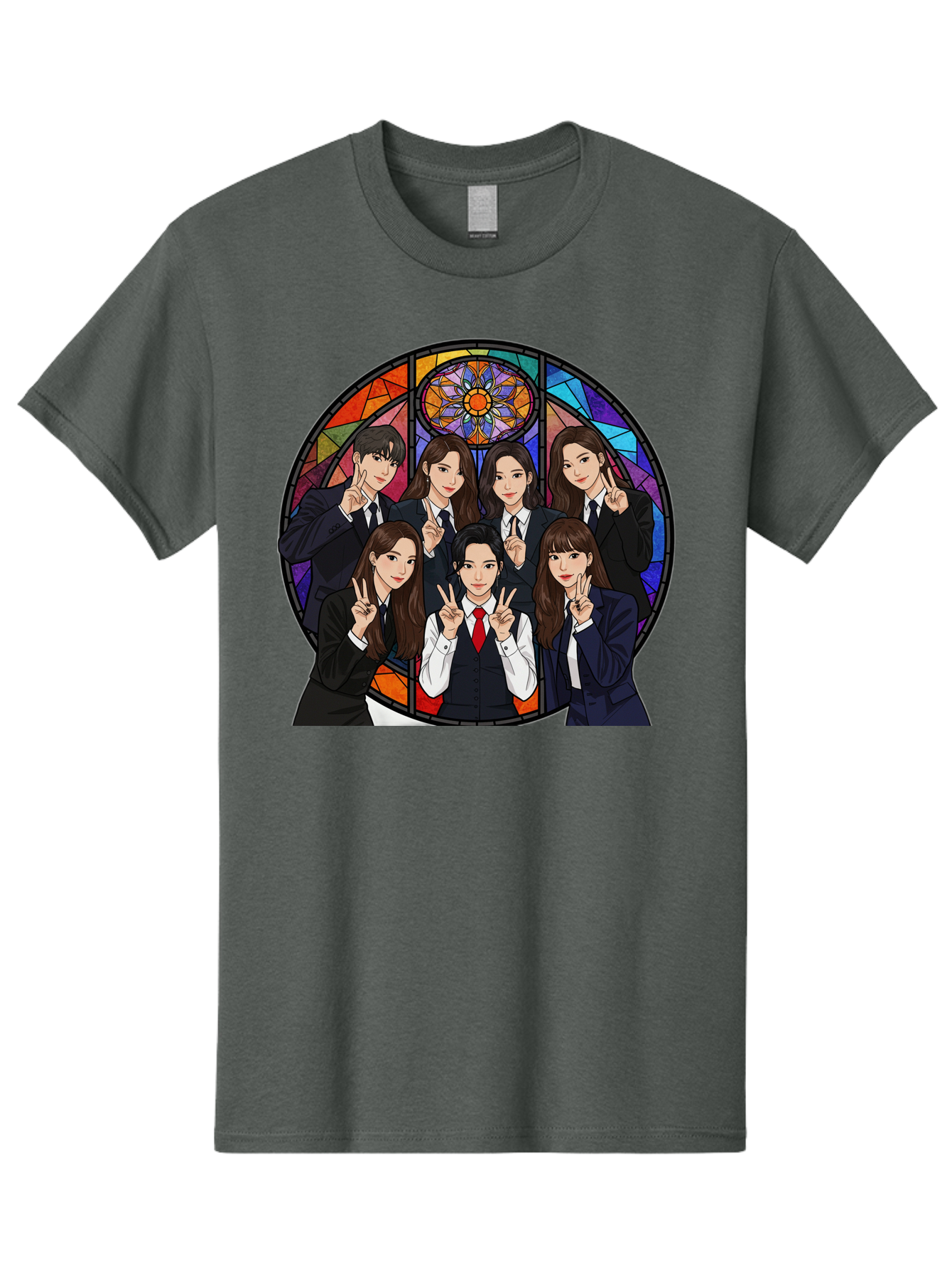K-Pop-Group-7 Men'S Graphic Tee, 100% Cotton, Comfortable Casual Summer Wear, Machine Washable, K-Pop Group Illustration, Stained Glass Window, School Uniforms, Peace Signs, K-Pop Fashion, Group Portrait, Colorful Background, K-Pop Idols, Bac096