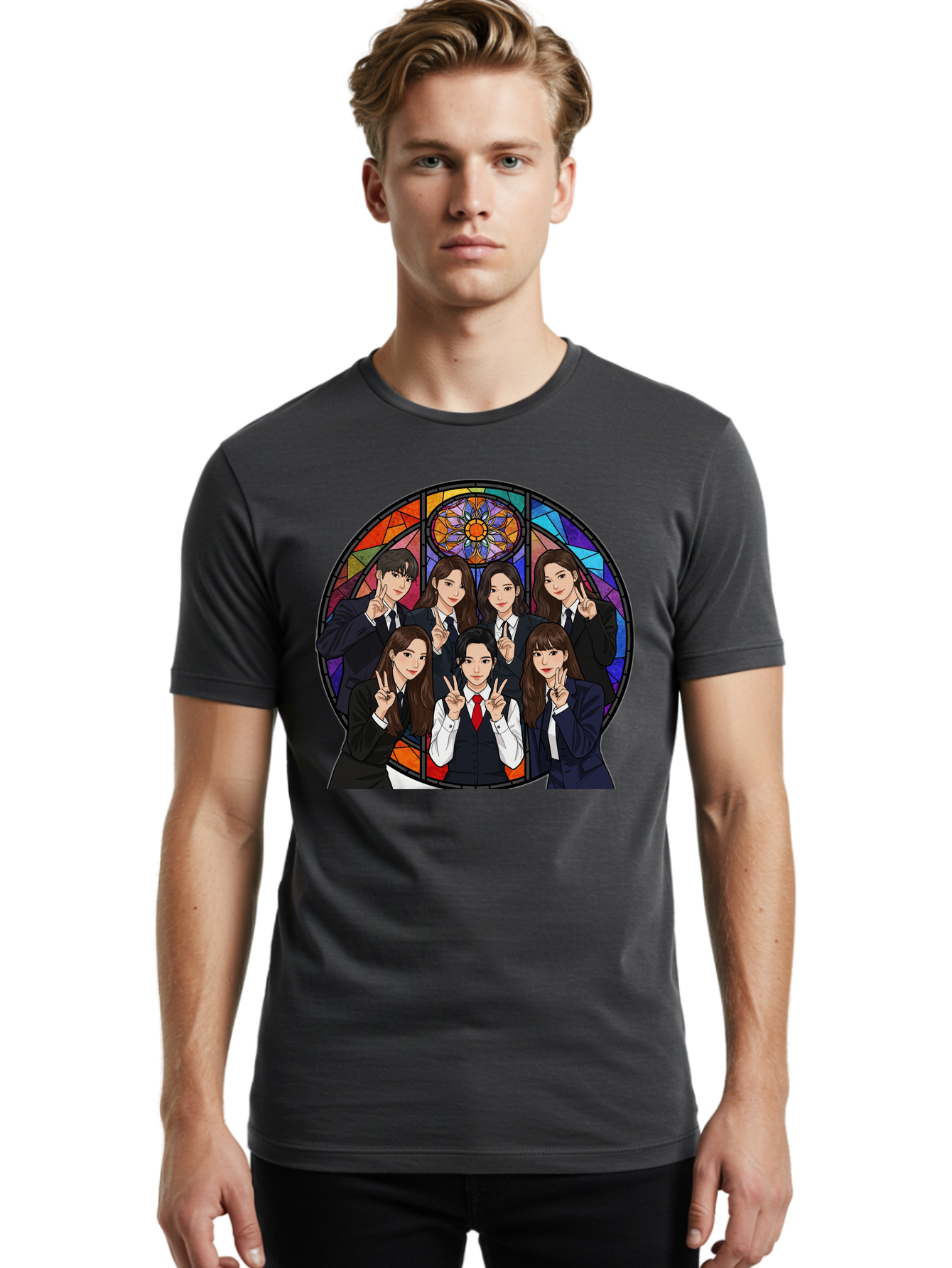 K-Pop-Group-7 Men'S Graphic Tee, 100% Cotton, Comfortable Casual Summer Wear, Machine Washable, K-Pop Group Illustration, Stained Glass Window, School Uniforms, Peace Signs, K-Pop Fashion, Group Portrait, Colorful Background, K-Pop Idols, Bac096