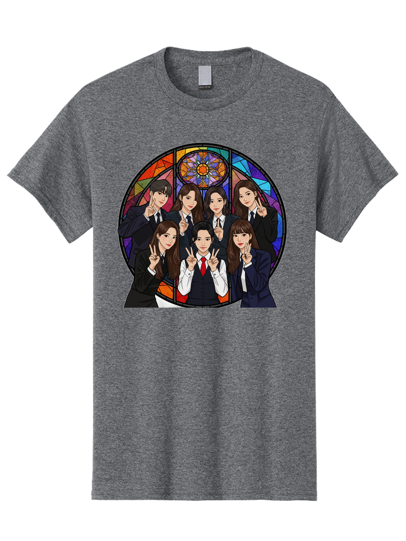 K-Pop-Group-7 Men'S Graphic Tee, 100% Cotton, Comfortable Casual Summer Wear, Machine Washable, K-Pop Group Illustration, Stained Glass Window, School Uniforms, Peace Signs, K-Pop Fashion, Group Portrait, Colorful Background, K-Pop Idols, Bac096
