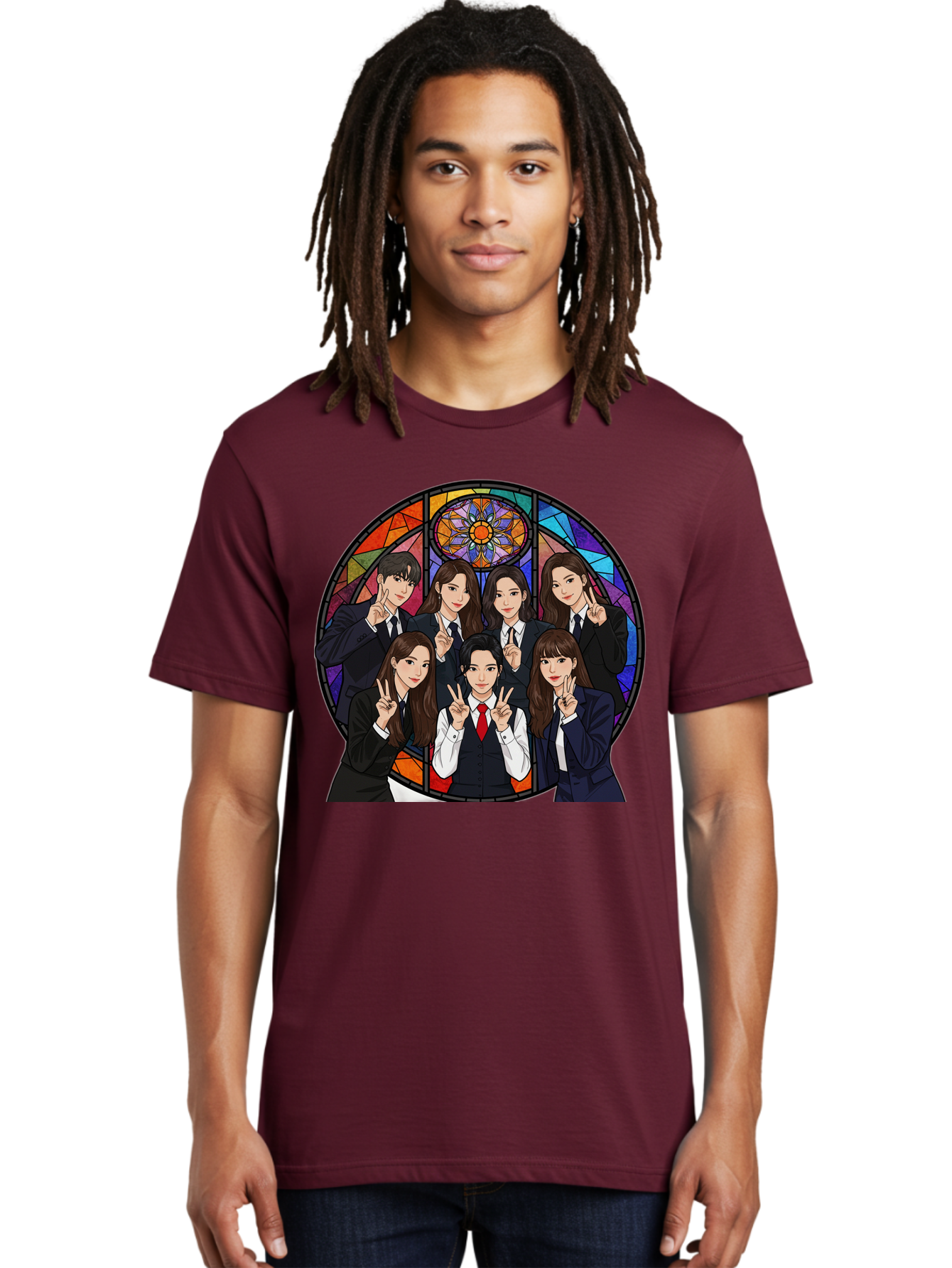 K-Pop-Group-7 Men'S Graphic Tee, 100% Cotton, Comfortable Casual Summer Wear, Machine Washable, K-Pop Group Illustration, Stained Glass Window, School Uniforms, Peace Signs, K-Pop Fashion, Group Portrait, Colorful Background, K-Pop Idols, Bac096