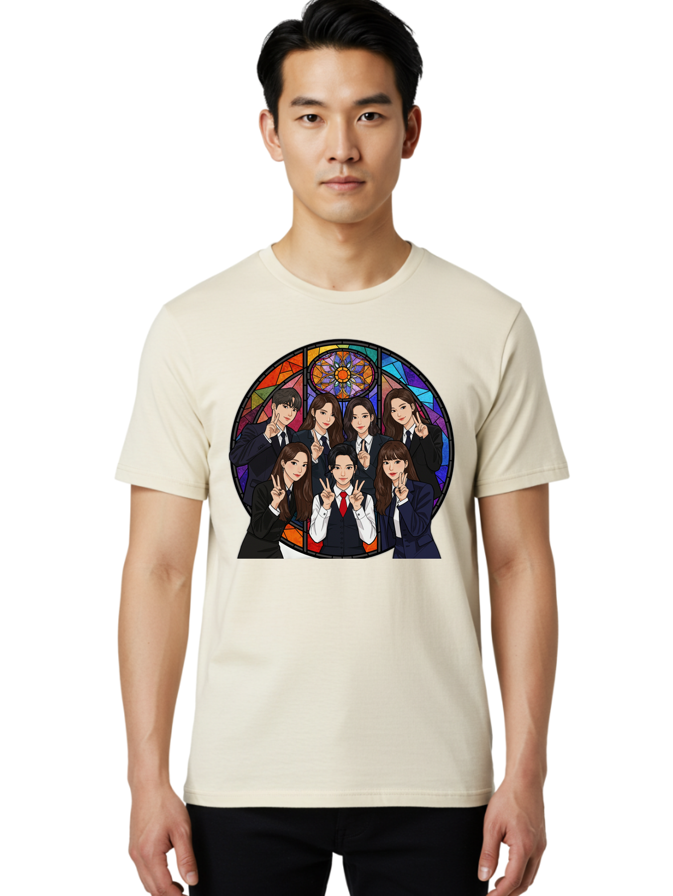 K-Pop-Group-7 Men'S Graphic Tee, 100% Cotton, Comfortable Casual Summer Wear, Machine Washable, K-Pop Group Illustration, Stained Glass Window, School Uniforms, Peace Signs, K-Pop Fashion, Group Portrait, Colorful Background, K-Pop Idols, Bac096