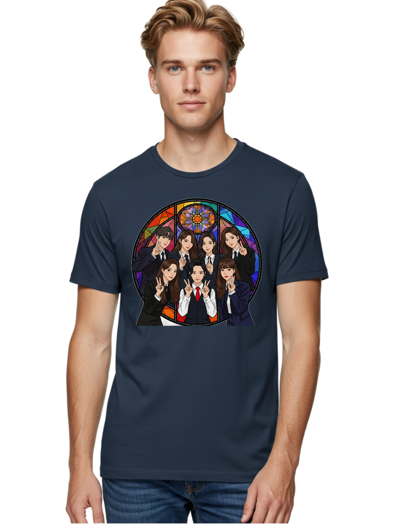 K-Pop-Group-7 Men'S Graphic Tee, 100% Cotton, Comfortable Casual Summer Wear, Machine Washable, K-Pop Group Illustration, Stained Glass Window, School Uniforms, Peace Signs, K-Pop Fashion, Group Portrait, Colorful Background, K-Pop Idols, Bac096