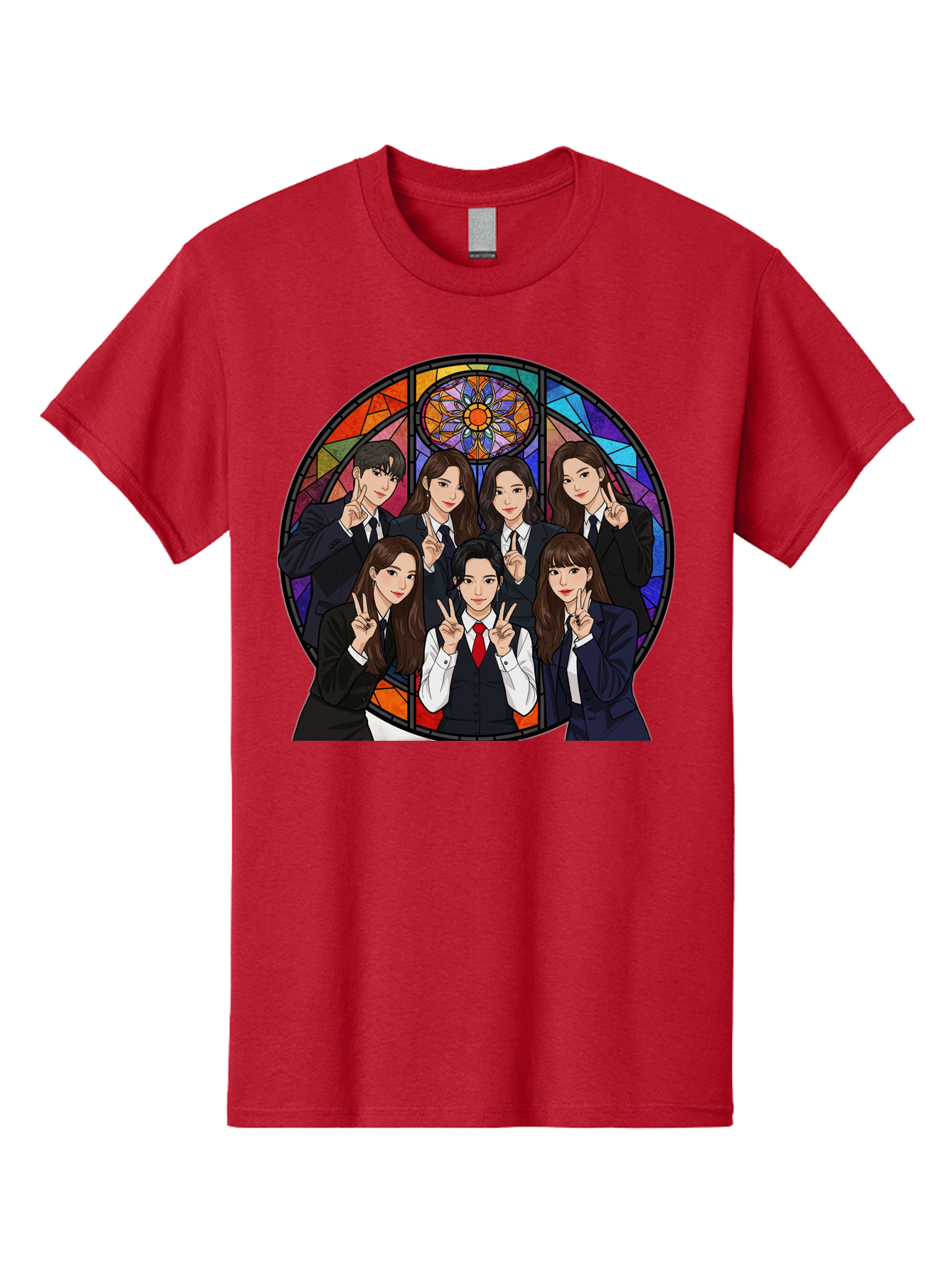 K-Pop-Group-7 Men'S Graphic Tee, 100% Cotton, Comfortable Casual Summer Wear, Machine Washable, K-Pop Group Illustration, Stained Glass Window, School Uniforms, Peace Signs, K-Pop Fashion, Group Portrait, Colorful Background, K-Pop Idols, Bac096