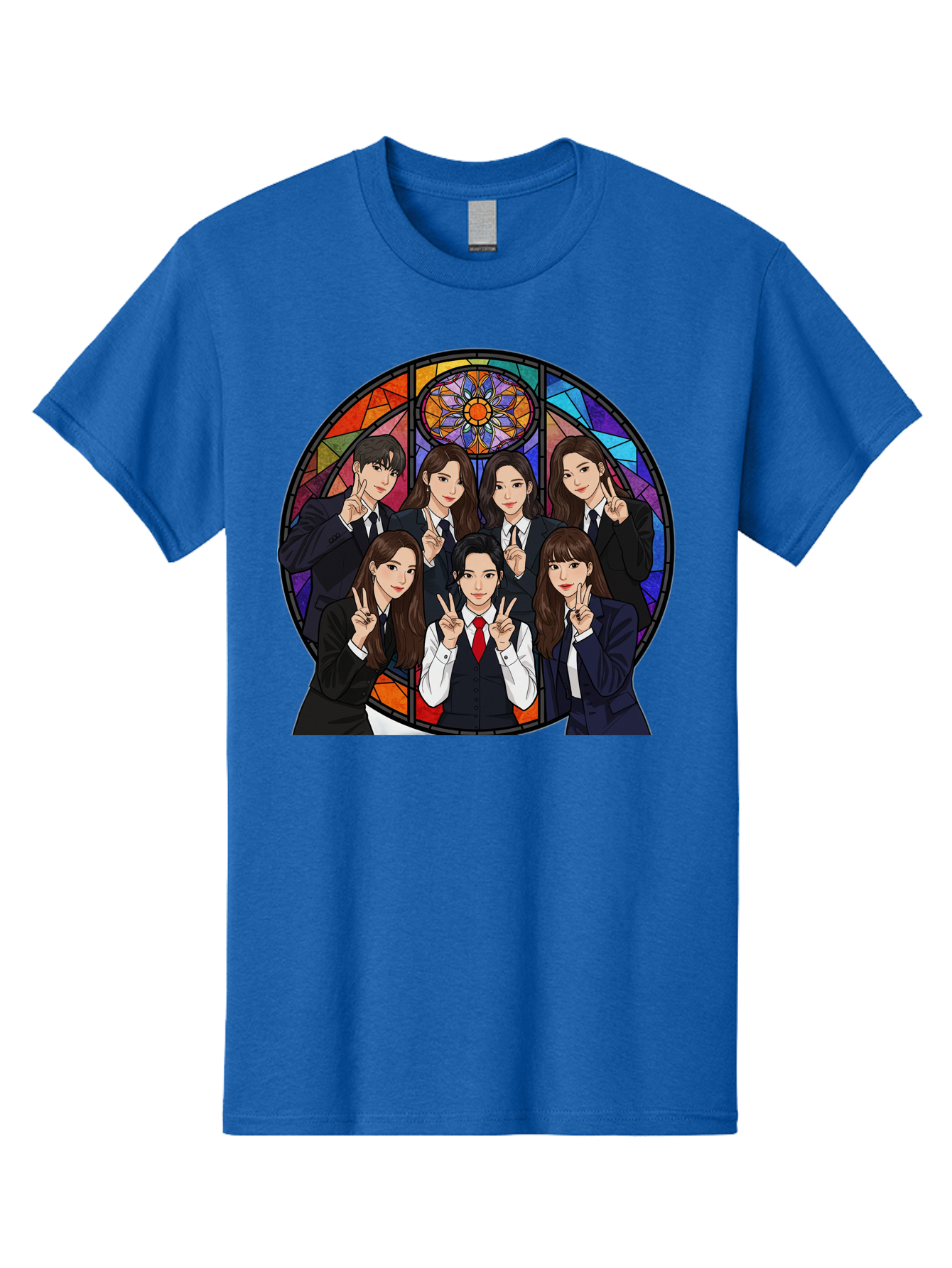 K-Pop-Group-7 Men'S Graphic Tee, 100% Cotton, Comfortable Casual Summer Wear, Machine Washable, K-Pop Group Illustration, Stained Glass Window, School Uniforms, Peace Signs, K-Pop Fashion, Group Portrait, Colorful Background, K-Pop Idols, Bac096