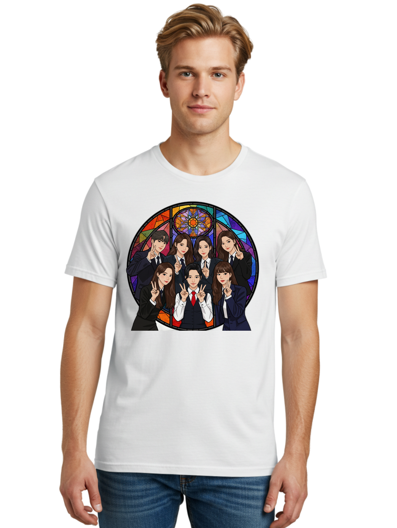 K-Pop-Group-7 Men'S Graphic Tee, 100% Cotton, Comfortable Casual Summer Wear, Machine Washable, K-Pop Group Illustration, Stained Glass Window, School Uniforms, Peace Signs, K-Pop Fashion, Group Portrait, Colorful Background, K-Pop Idols, Bac096