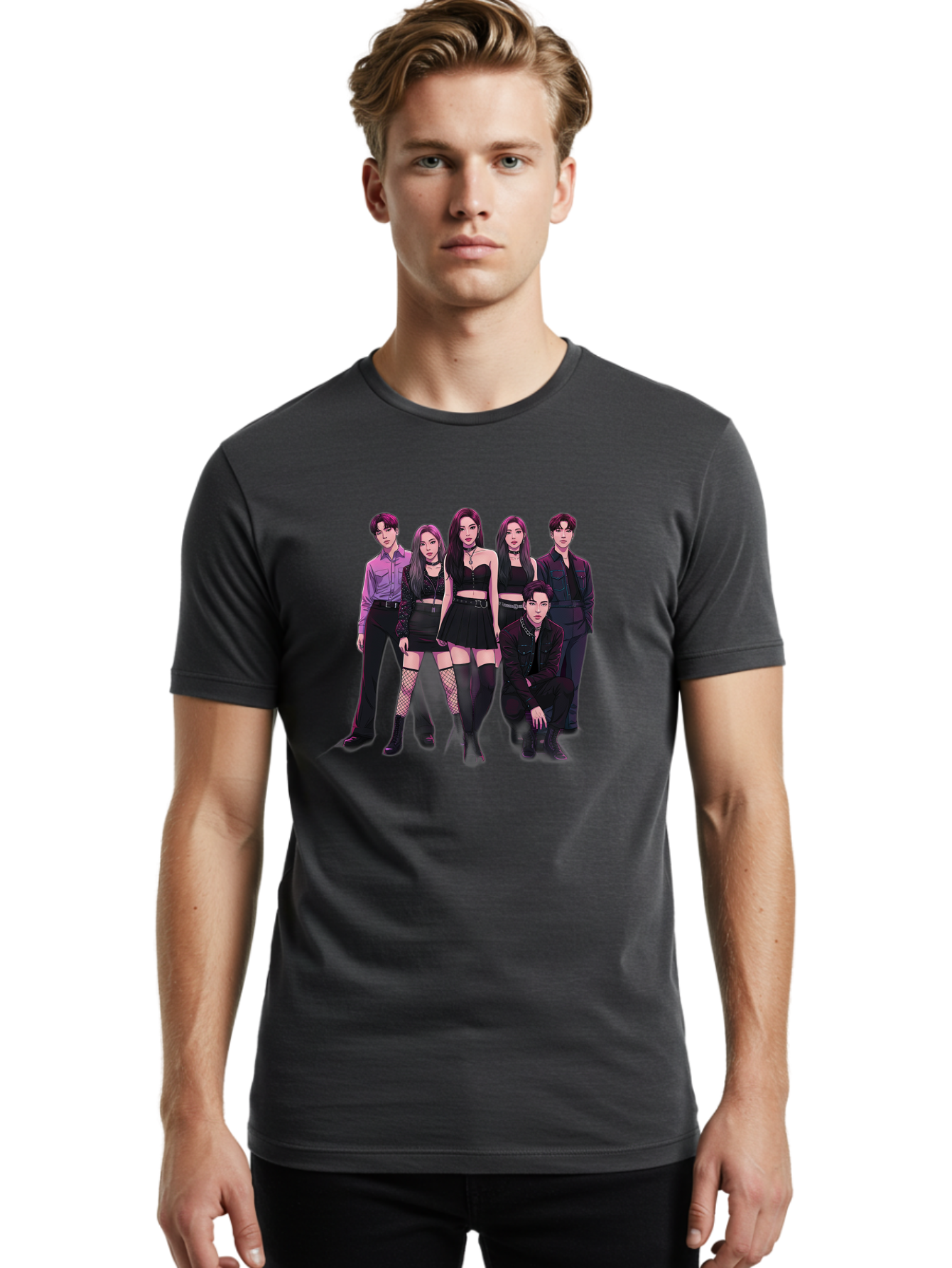 K-Pop-Group-9 Men'S Graphic Tee, 100% Cotton, Comfortable Casual Summer Wear, Machine Washable, K-Pop Group Portrait, Young Adults, Black Clothing, Edgy Style, Confident Poses, Fashion Statement, Group Shot, Pop Culture, Music Industry, Bac098
