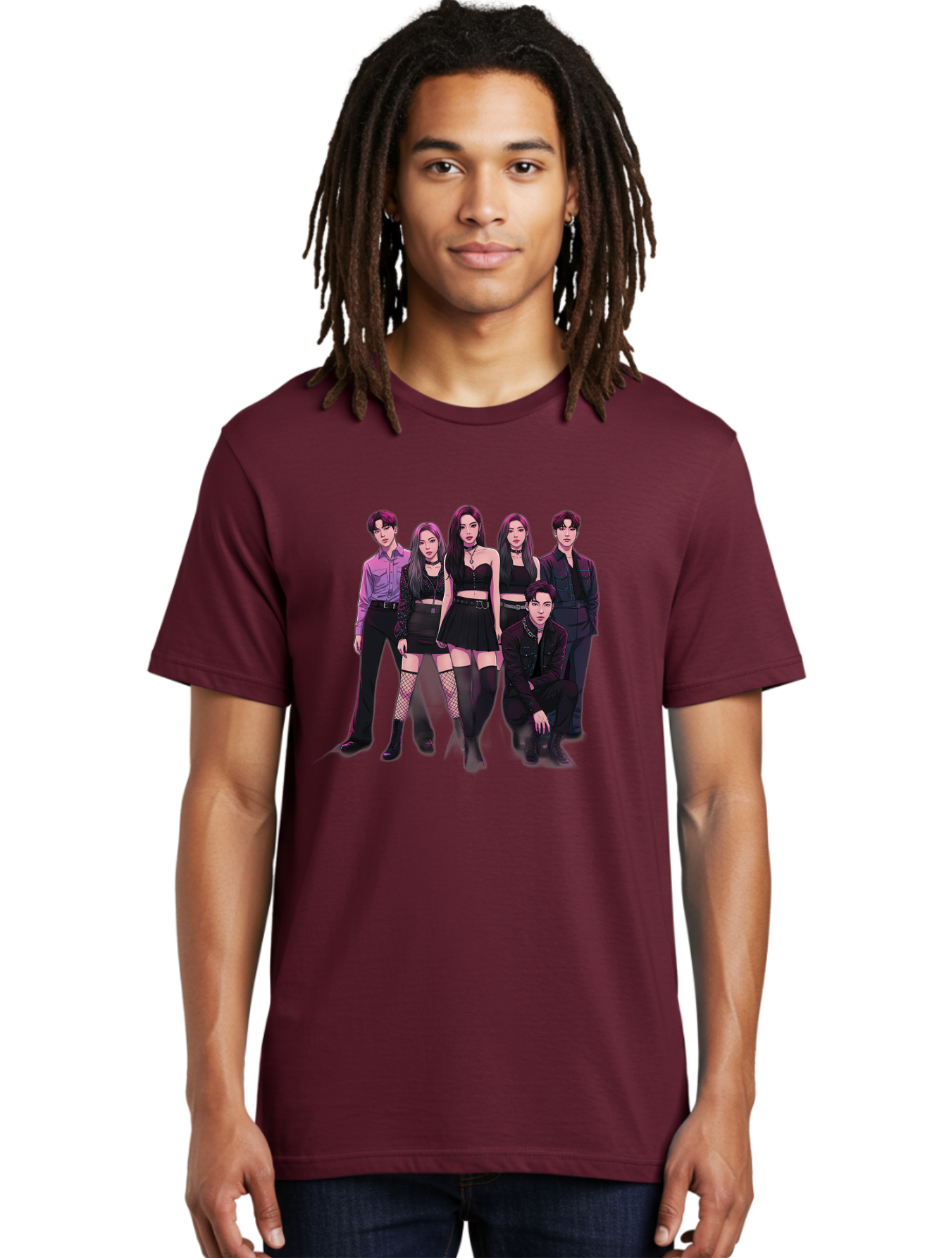 K-Pop-Group-9 Men'S Graphic Tee, 100% Cotton, Comfortable Casual Summer Wear, Machine Washable, K-Pop Group Portrait, Young Adults, Black Clothing, Edgy Style, Confident Poses, Fashion Statement, Group Shot, Pop Culture, Music Industry, Bac098