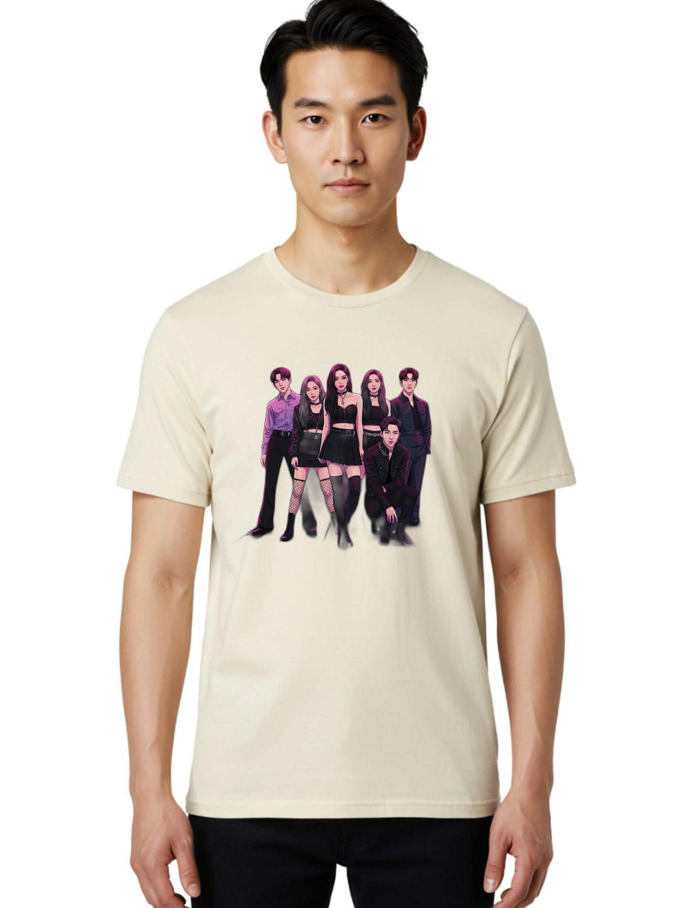 K-Pop-Group-9 Men'S Graphic Tee, 100% Cotton, Comfortable Casual Summer Wear, Machine Washable, K-Pop Group Portrait, Young Adults, Black Clothing, Edgy Style, Confident Poses, Fashion Statement, Group Shot, Pop Culture, Music Industry, Bac098