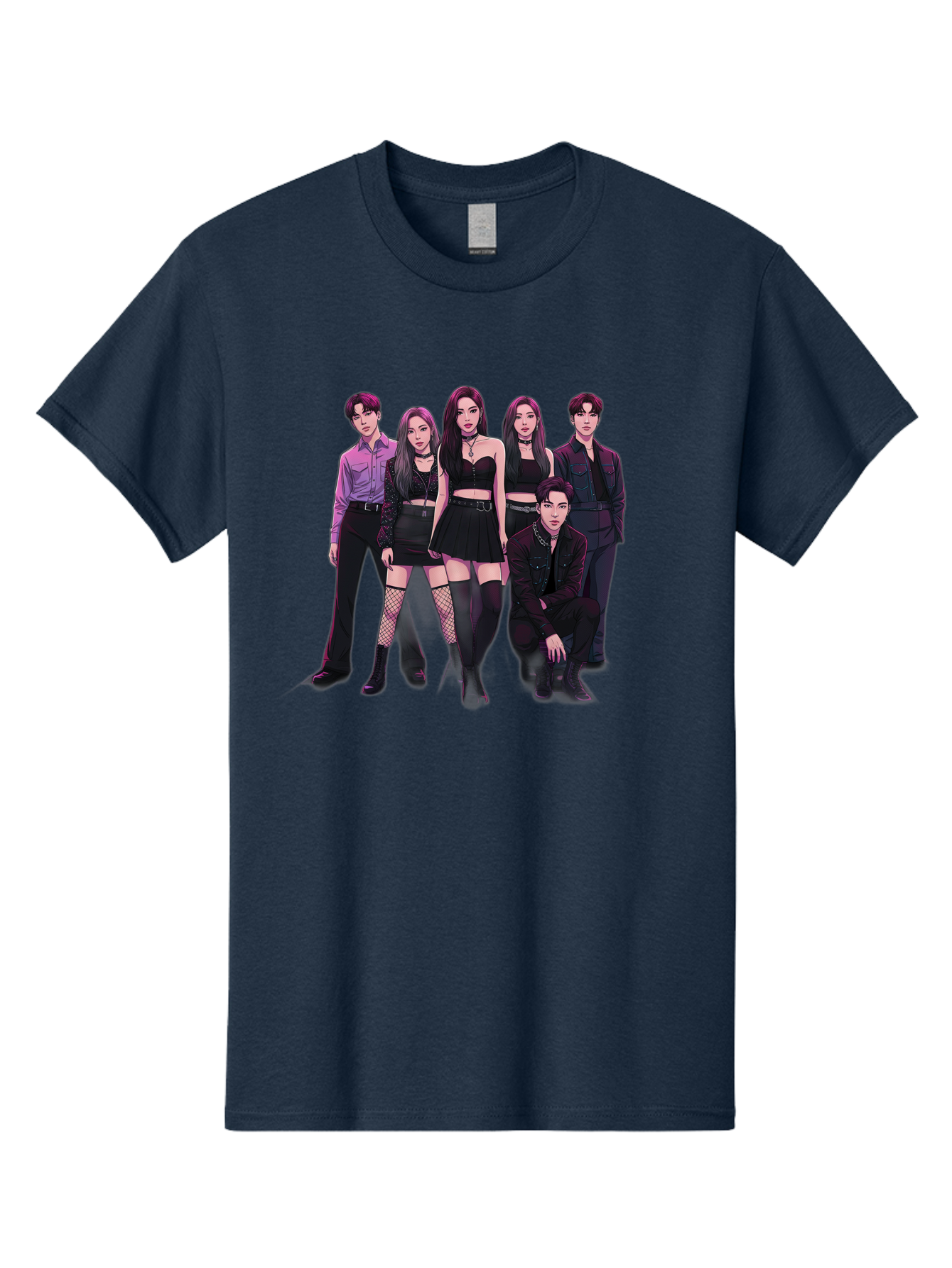 K-Pop-Group-9 Men'S Graphic Tee, 100% Cotton, Comfortable Casual Summer Wear, Machine Washable, K-Pop Group Portrait, Young Adults, Black Clothing, Edgy Style, Confident Poses, Fashion Statement, Group Shot, Pop Culture, Music Industry, Bac098