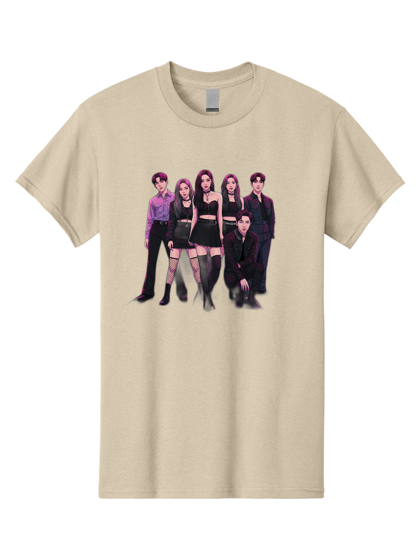 K-Pop-Group-9 Men'S Graphic Tee, 100% Cotton, Comfortable Casual Summer Wear, Machine Washable, K-Pop Group Portrait, Young Adults, Black Clothing, Edgy Style, Confident Poses, Fashion Statement, Group Shot, Pop Culture, Music Industry, Bac098