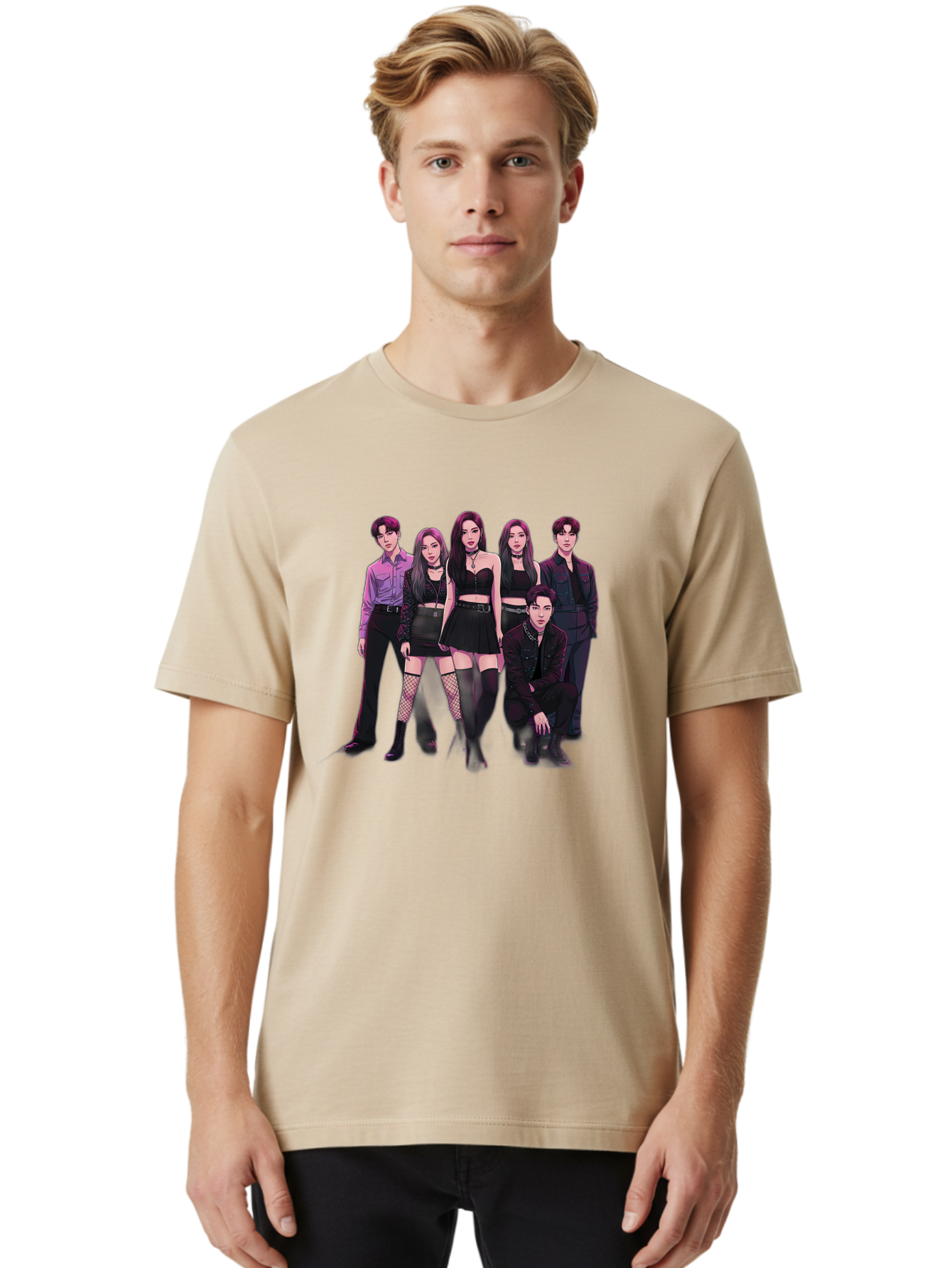 K-Pop-Group-9 Men'S Graphic Tee, 100% Cotton, Comfortable Casual Summer Wear, Machine Washable, K-Pop Group Portrait, Young Adults, Black Clothing, Edgy Style, Confident Poses, Fashion Statement, Group Shot, Pop Culture, Music Industry, Bac098