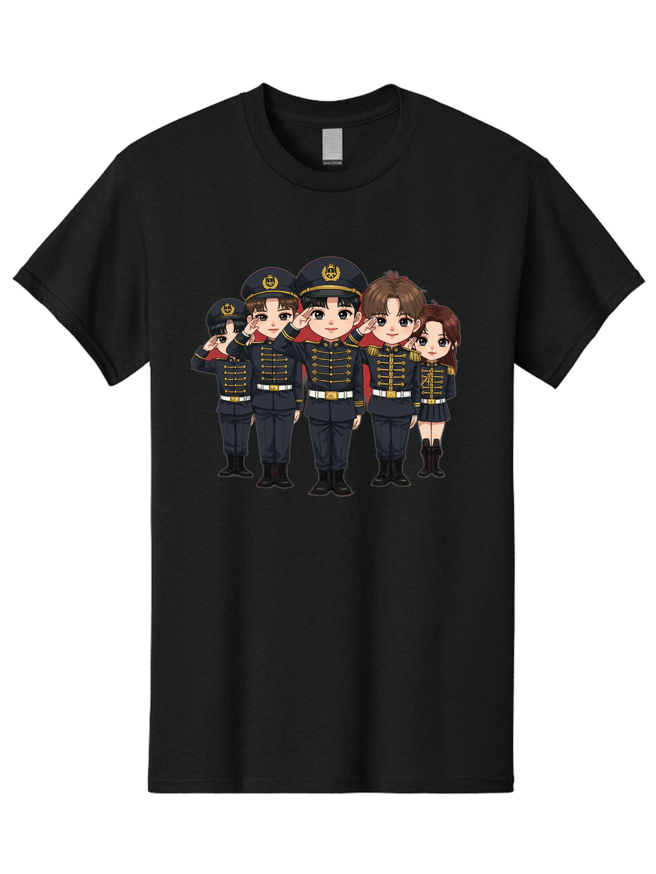 K-Pop-Group-Military-Uniform Men'S Graphic Tee, 100% Cotton, Comfortable Casual Summer Wear, Machine Washable, Anime Characters In Military Uniforms, Cartoon Illustration, Japanese Pop Culture, K-Pop Style, Military Attire, Saluting Pose, Bac099
