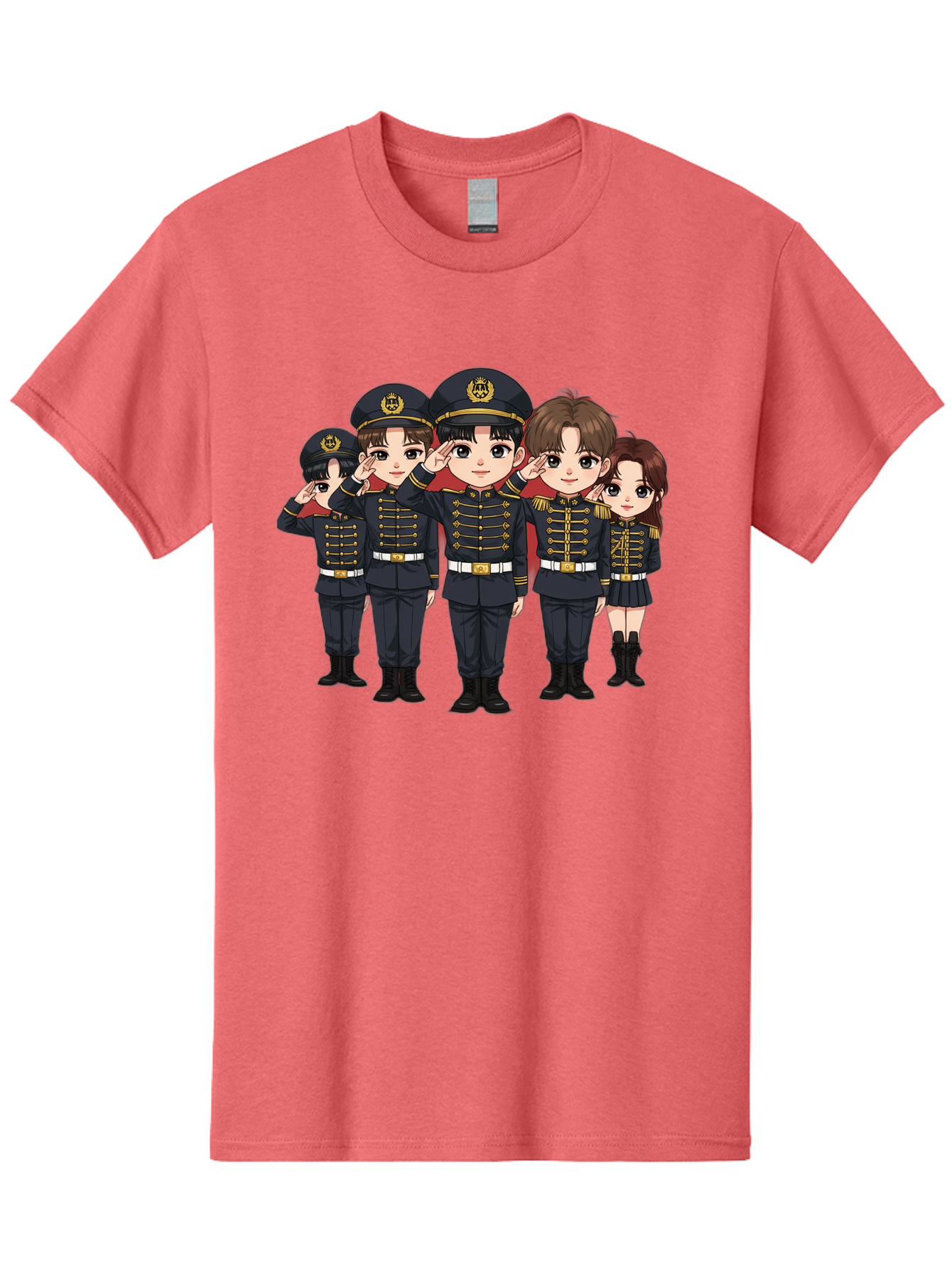 K-Pop-Group-Military-Uniform Men'S Graphic Tee, 100% Cotton, Comfortable Casual Summer Wear, Machine Washable, Anime Characters In Military Uniforms, Cartoon Illustration, Japanese Pop Culture, K-Pop Style, Military Attire, Saluting Pose, Bac099