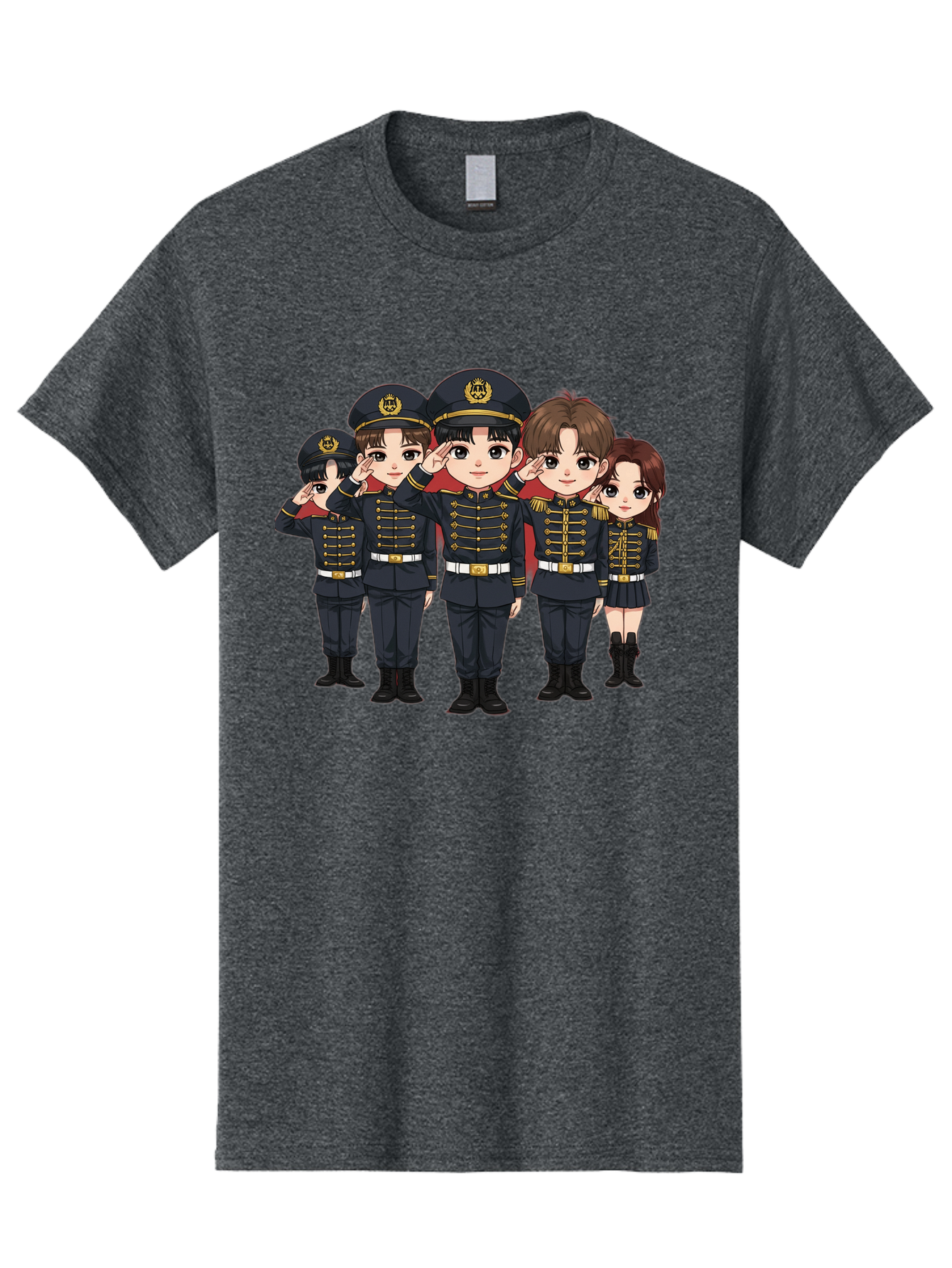 K-Pop-Group-Military-Uniform Men'S Graphic Tee, 100% Cotton, Comfortable Casual Summer Wear, Machine Washable, Anime Characters In Military Uniforms, Cartoon Illustration, Japanese Pop Culture, K-Pop Style, Military Attire, Saluting Pose, Bac099