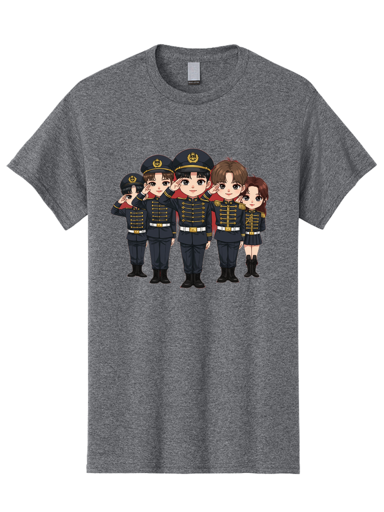 K-Pop-Group-Military-Uniform Men'S Graphic Tee, 100% Cotton, Comfortable Casual Summer Wear, Machine Washable, Anime Characters In Military Uniforms, Cartoon Illustration, Japanese Pop Culture, K-Pop Style, Military Attire, Saluting Pose, Bac099