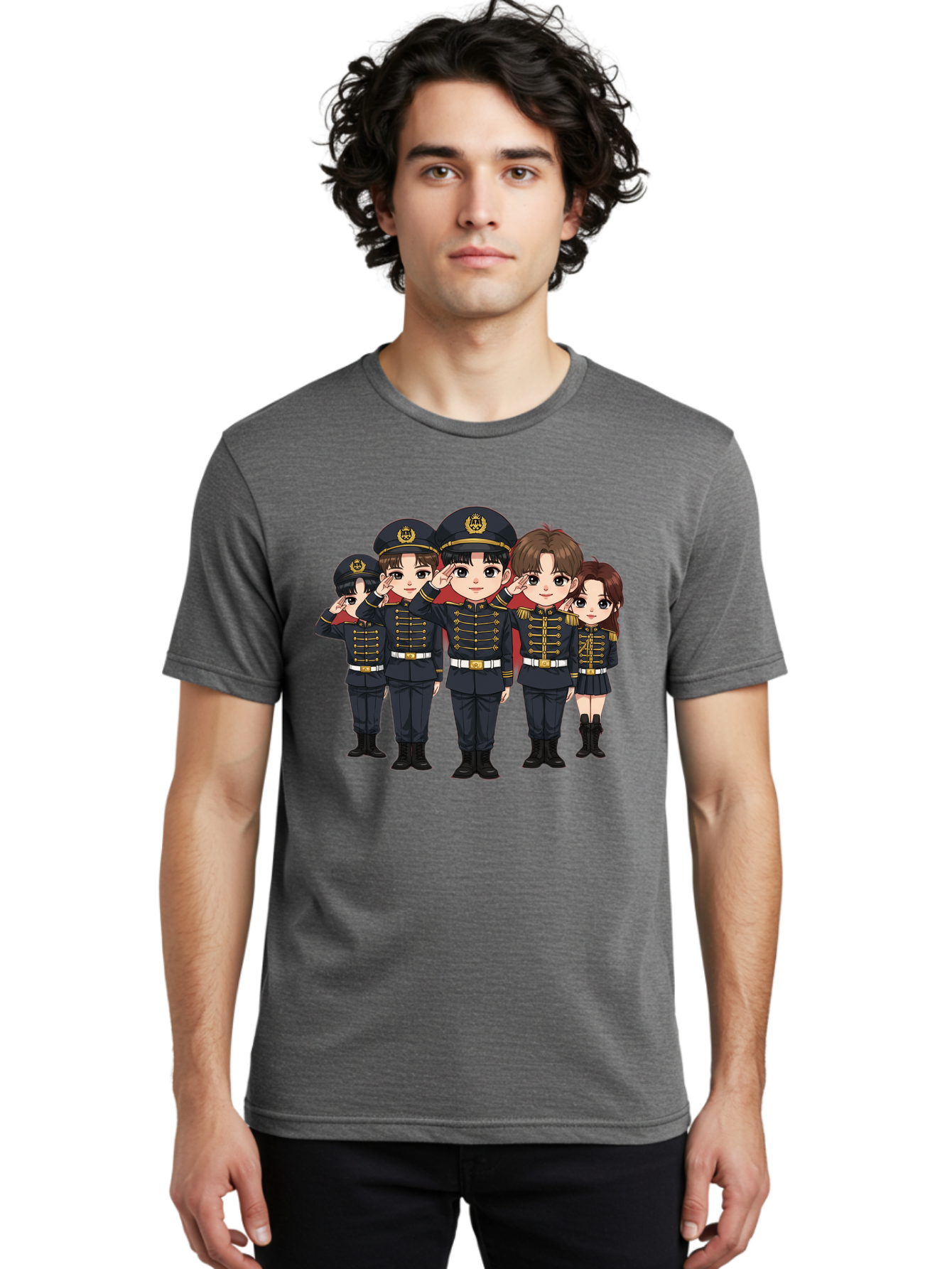 K-Pop-Group-Military-Uniform Men'S Graphic Tee, 100% Cotton, Comfortable Casual Summer Wear, Machine Washable, Anime Characters In Military Uniforms, Cartoon Illustration, Japanese Pop Culture, K-Pop Style, Military Attire, Saluting Pose, Bac099