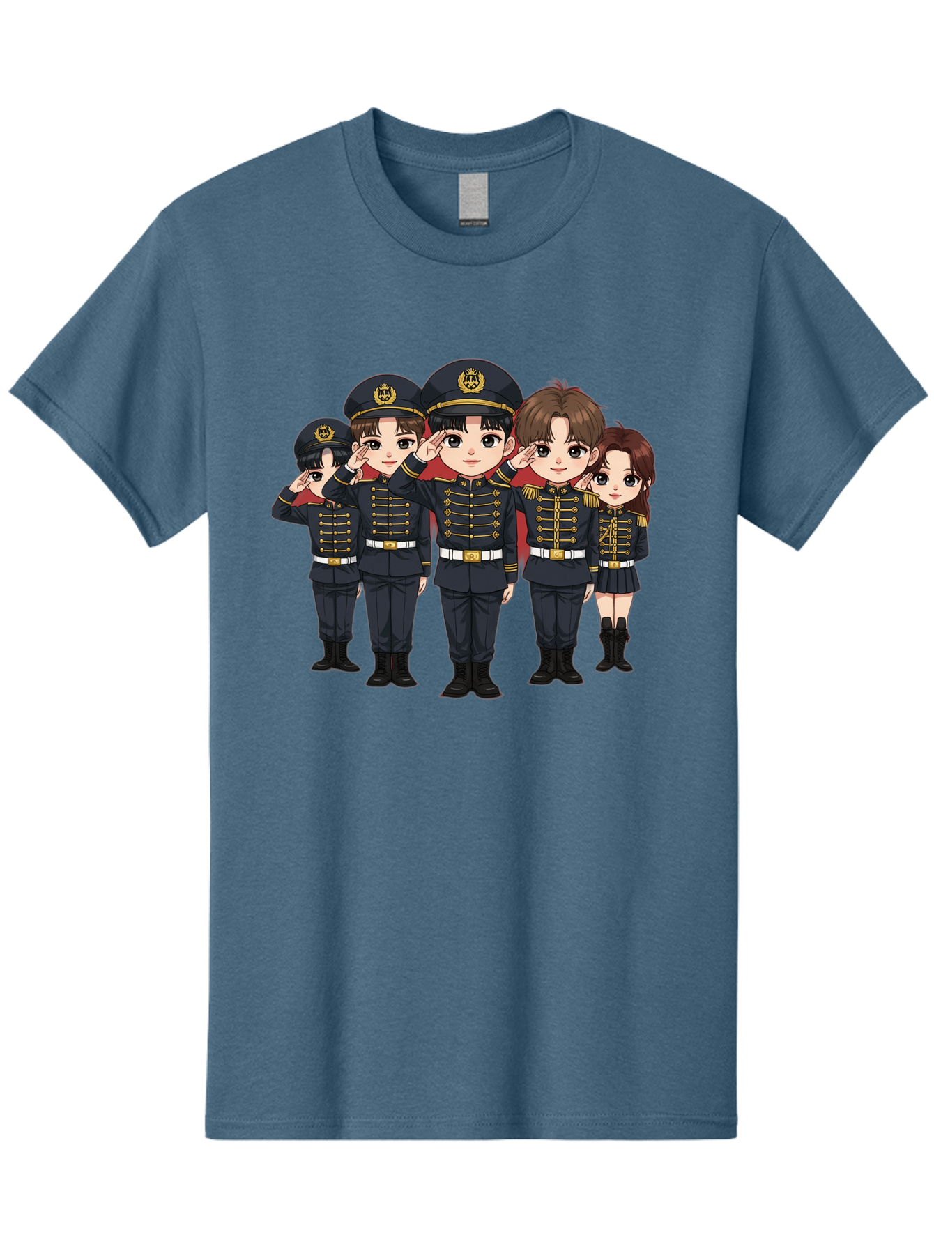 K-Pop-Group-Military-Uniform Men'S Graphic Tee, 100% Cotton, Comfortable Casual Summer Wear, Machine Washable, Anime Characters In Military Uniforms, Cartoon Illustration, Japanese Pop Culture, K-Pop Style, Military Attire, Saluting Pose, Bac099