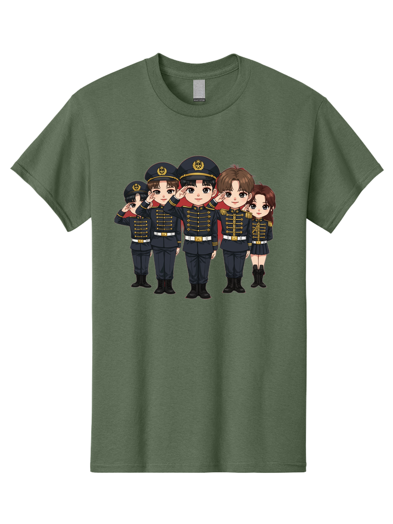 K-Pop-Group-Military-Uniform Men'S Graphic Tee, 100% Cotton, Comfortable Casual Summer Wear, Machine Washable, Anime Characters In Military Uniforms, Cartoon Illustration, Japanese Pop Culture, K-Pop Style, Military Attire, Saluting Pose, Bac099