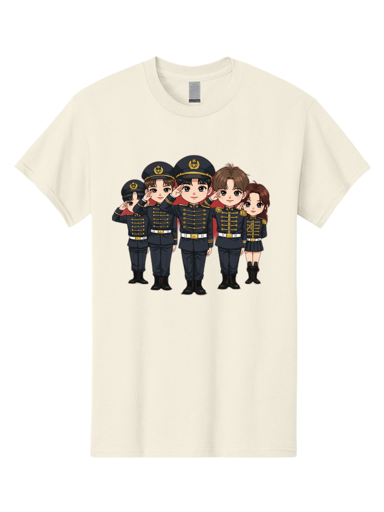 K-Pop-Group-Military-Uniform Men'S Graphic Tee, 100% Cotton, Comfortable Casual Summer Wear, Machine Washable, Anime Characters In Military Uniforms, Cartoon Illustration, Japanese Pop Culture, K-Pop Style, Military Attire, Saluting Pose, Bac099