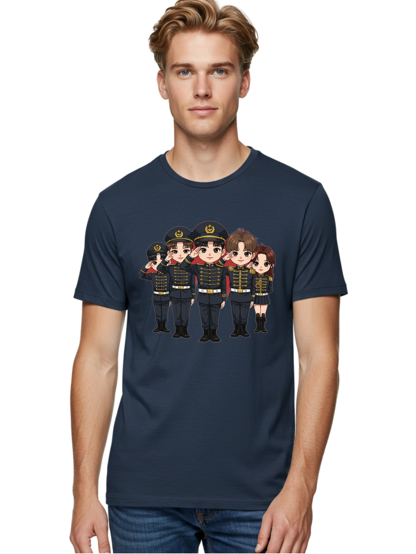 K-Pop-Group-Military-Uniform Men'S Graphic Tee, 100% Cotton, Comfortable Casual Summer Wear, Machine Washable, Anime Characters In Military Uniforms, Cartoon Illustration, Japanese Pop Culture, K-Pop Style, Military Attire, Saluting Pose, Bac099