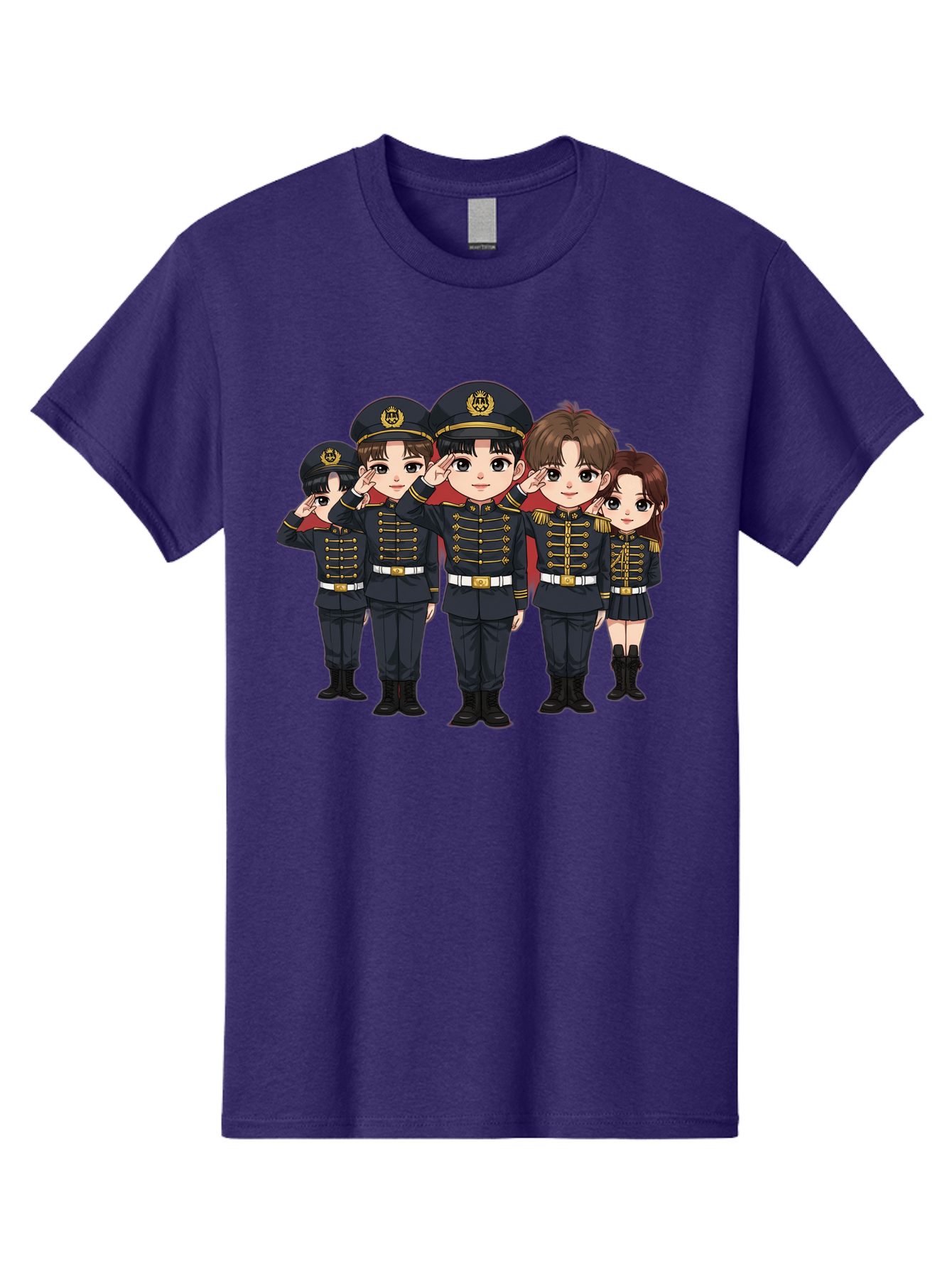 K-Pop-Group-Military-Uniform Men'S Graphic Tee, 100% Cotton, Comfortable Casual Summer Wear, Machine Washable, Anime Characters In Military Uniforms, Cartoon Illustration, Japanese Pop Culture, K-Pop Style, Military Attire, Saluting Pose, Bac099