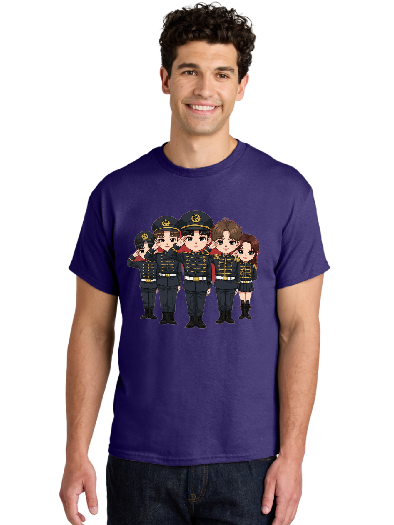 K-Pop-Group-Military-Uniform Men'S Graphic Tee, 100% Cotton, Comfortable Casual Summer Wear, Machine Washable, Anime Characters In Military Uniforms, Cartoon Illustration, Japanese Pop Culture, K-Pop Style, Military Attire, Saluting Pose, Bac099