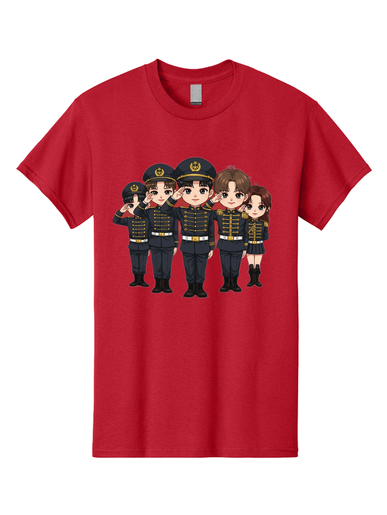 K-Pop-Group-Military-Uniform Men'S Graphic Tee, 100% Cotton, Comfortable Casual Summer Wear, Machine Washable, Anime Characters In Military Uniforms, Cartoon Illustration, Japanese Pop Culture, K-Pop Style, Military Attire, Saluting Pose, Bac099