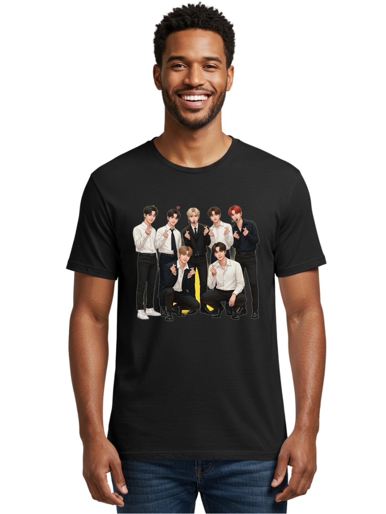 K-Pop-Group Men'S Graphic Tee, 100% Cotton, Comfortable Casual Summer Wear, Machine Washable, Seven-Member K-Pop Group, Formal Attire, Black And White Clothing, Posing For A Photo, Headsets, Finger Hearts, Group Shot, K-Pop Fashion, Bac100