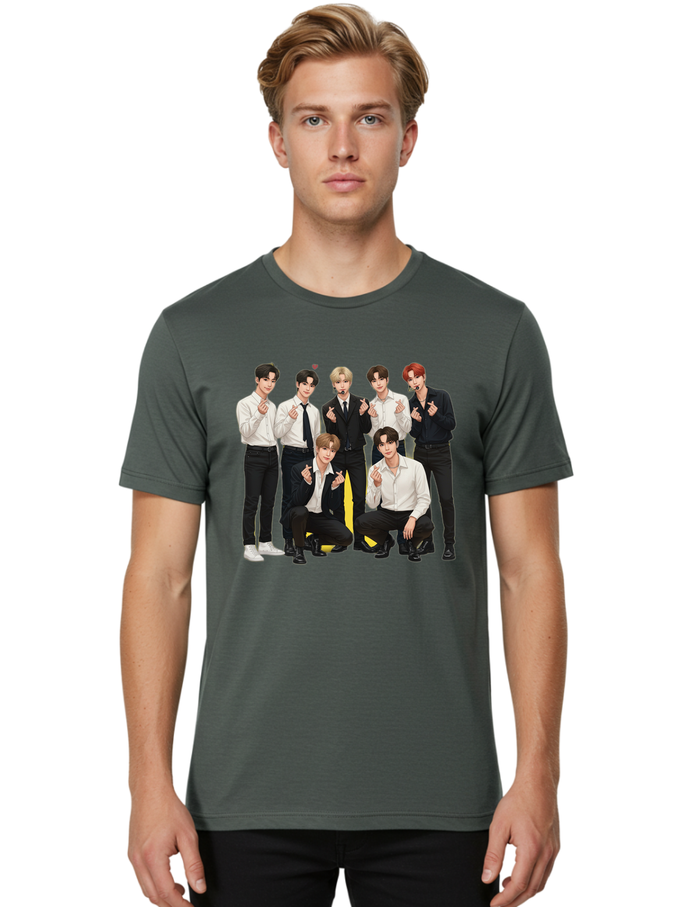 K-Pop-Group Men'S Graphic Tee, 100% Cotton, Comfortable Casual Summer Wear, Machine Washable, Seven-Member K-Pop Group, Formal Attire, Black And White Clothing, Posing For A Photo, Headsets, Finger Hearts, Group Shot, K-Pop Fashion, Bac100