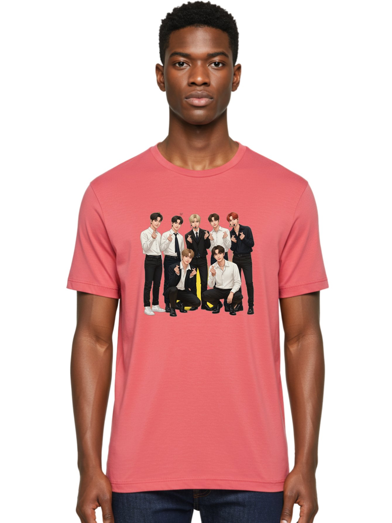 K-Pop-Group Men'S Graphic Tee, 100% Cotton, Comfortable Casual Summer Wear, Machine Washable, Seven-Member K-Pop Group, Formal Attire, Black And White Clothing, Posing For A Photo, Headsets, Finger Hearts, Group Shot, K-Pop Fashion, Bac100