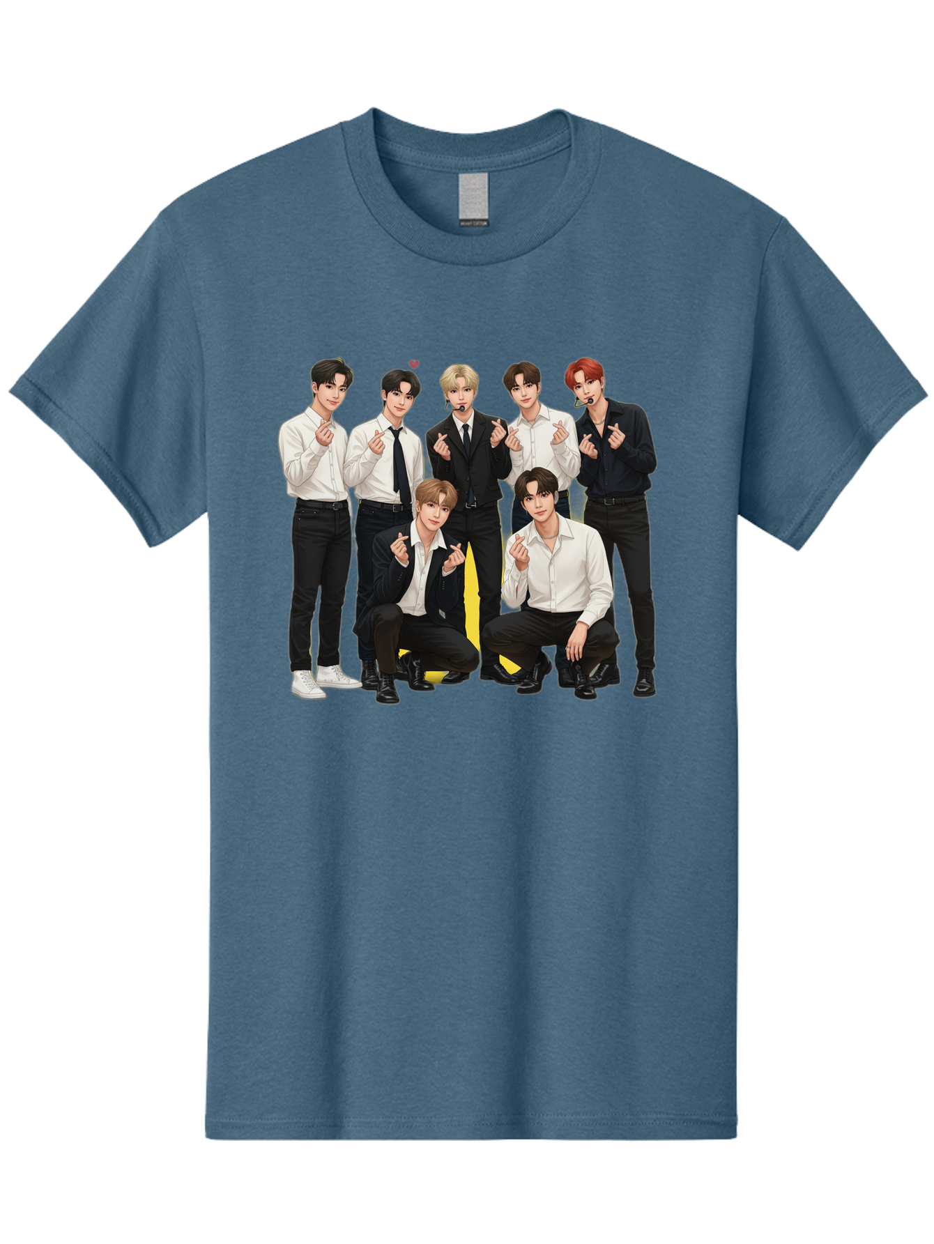 K-Pop-Group Men'S Graphic Tee, 100% Cotton, Comfortable Casual Summer Wear, Machine Washable, Seven-Member K-Pop Group, Formal Attire, Black And White Clothing, Posing For A Photo, Headsets, Finger Hearts, Group Shot, K-Pop Fashion, Bac100