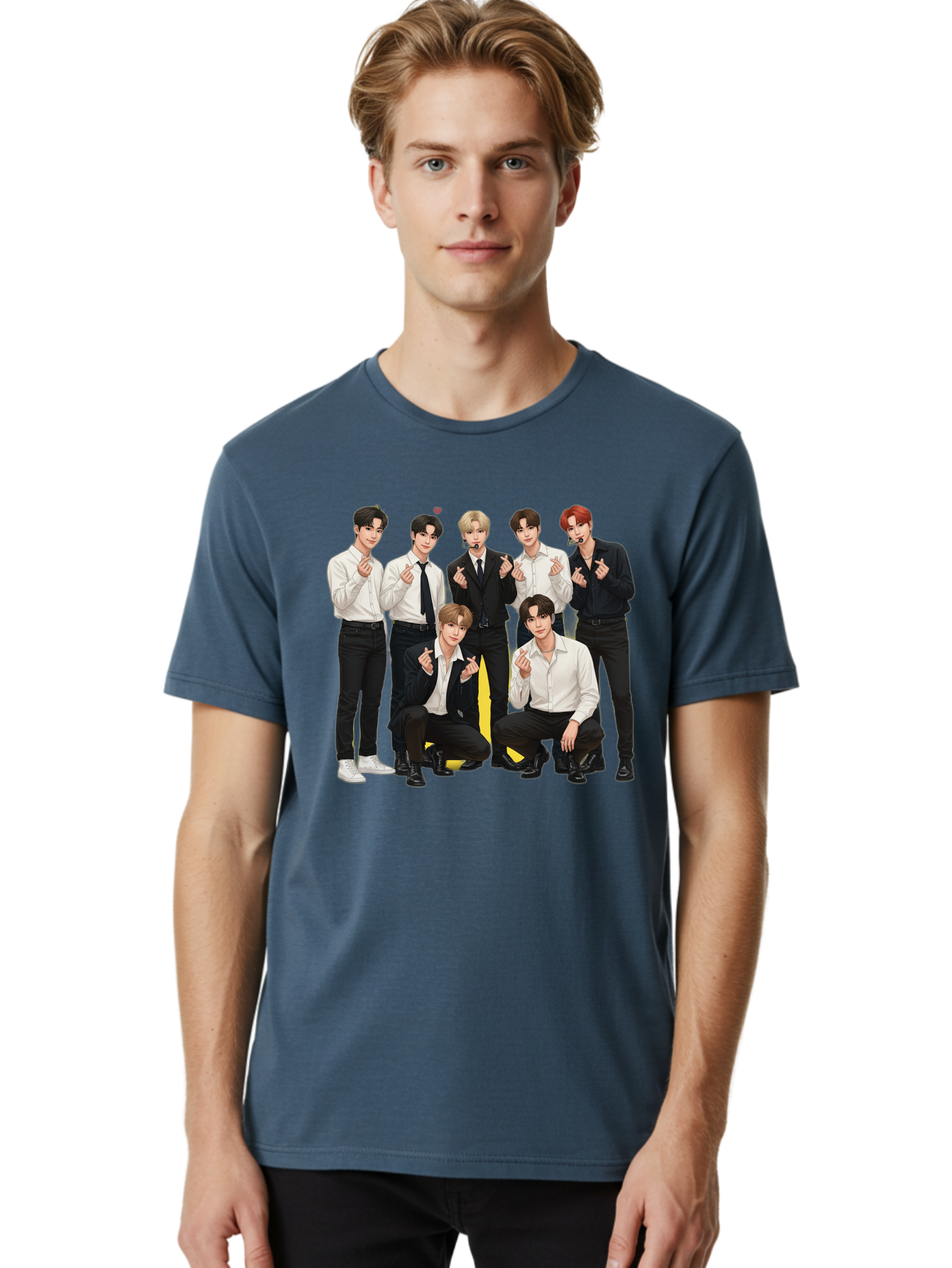 K-Pop-Group Men'S Graphic Tee, 100% Cotton, Comfortable Casual Summer Wear, Machine Washable, Seven-Member K-Pop Group, Formal Attire, Black And White Clothing, Posing For A Photo, Headsets, Finger Hearts, Group Shot, K-Pop Fashion, Bac100