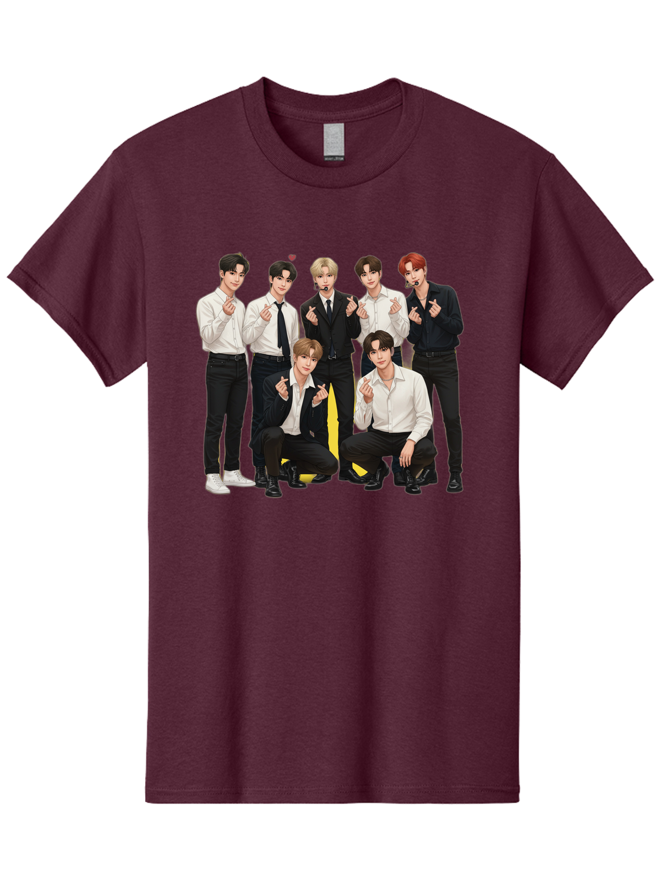 K-Pop-Group Men'S Graphic Tee, 100% Cotton, Comfortable Casual Summer Wear, Machine Washable, Seven-Member K-Pop Group, Formal Attire, Black And White Clothing, Posing For A Photo, Headsets, Finger Hearts, Group Shot, K-Pop Fashion, Bac100