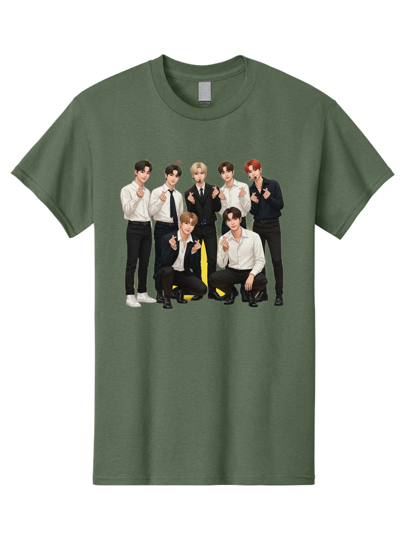 K-Pop-Group Men'S Graphic Tee, 100% Cotton, Comfortable Casual Summer Wear, Machine Washable, Seven-Member K-Pop Group, Formal Attire, Black And White Clothing, Posing For A Photo, Headsets, Finger Hearts, Group Shot, K-Pop Fashion, Bac100
