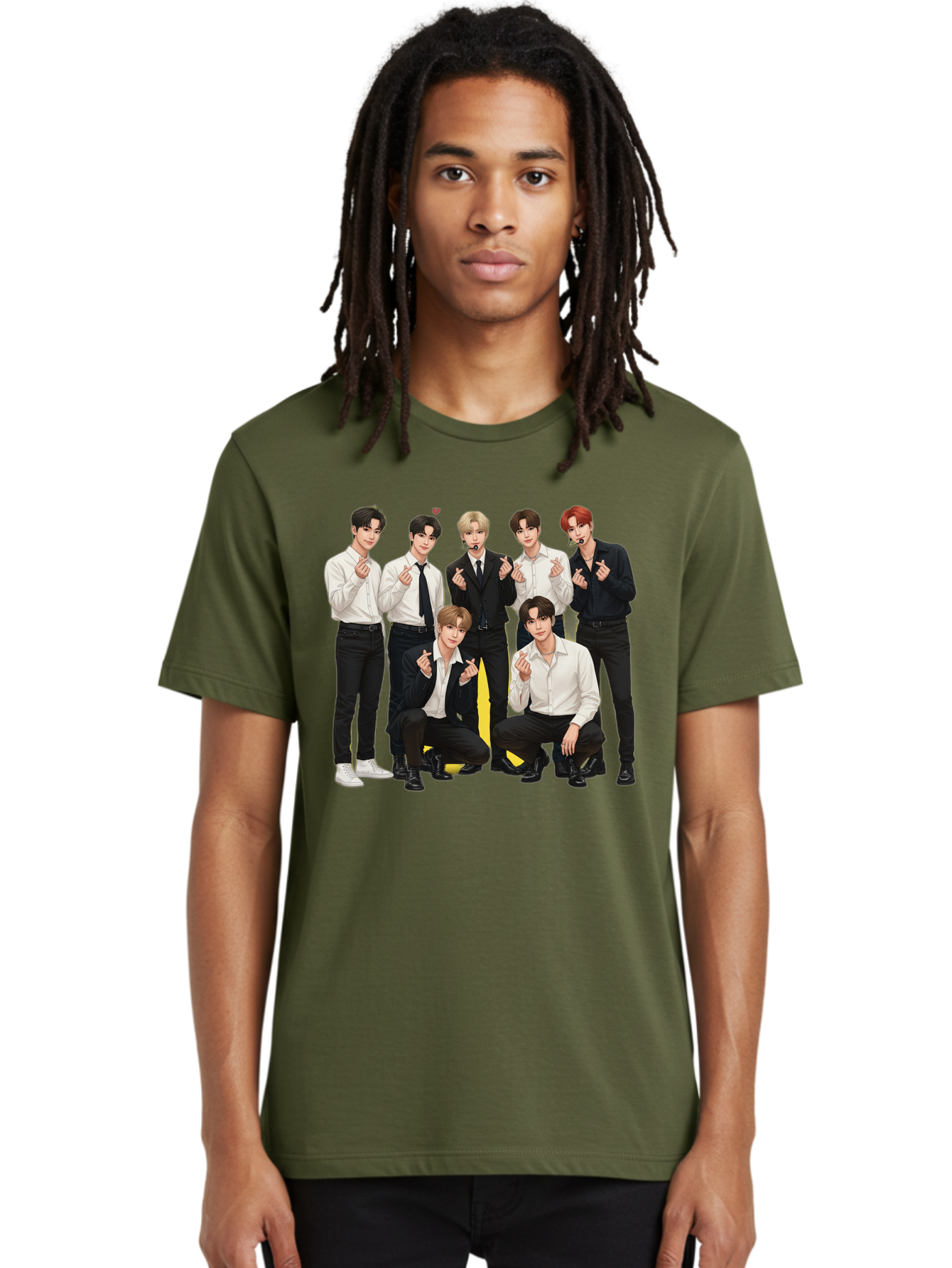K-Pop-Group Men'S Graphic Tee, 100% Cotton, Comfortable Casual Summer Wear, Machine Washable, Seven-Member K-Pop Group, Formal Attire, Black And White Clothing, Posing For A Photo, Headsets, Finger Hearts, Group Shot, K-Pop Fashion, Bac100