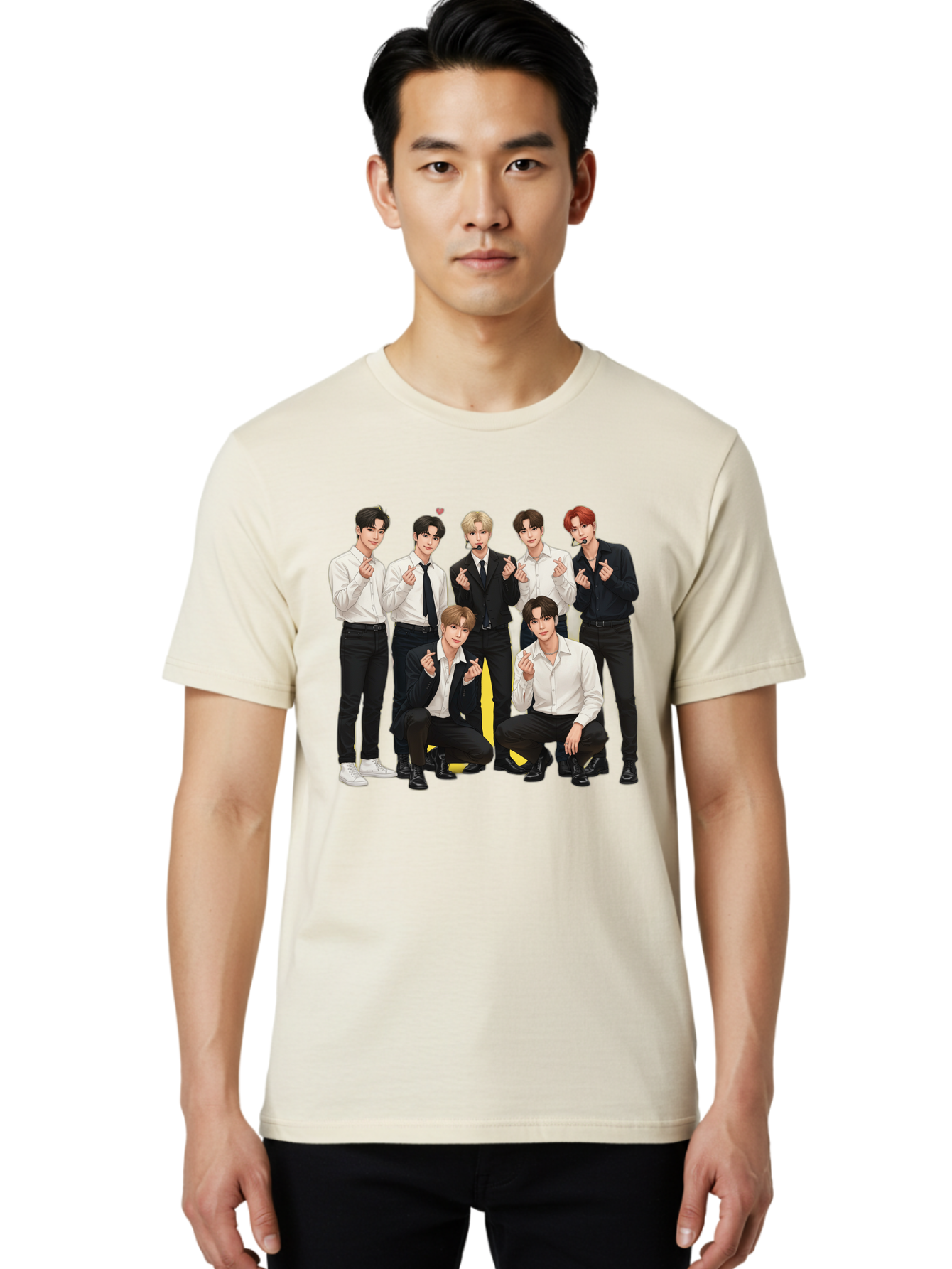 K-Pop-Group Men'S Graphic Tee, 100% Cotton, Comfortable Casual Summer Wear, Machine Washable, Seven-Member K-Pop Group, Formal Attire, Black And White Clothing, Posing For A Photo, Headsets, Finger Hearts, Group Shot, K-Pop Fashion, Bac100