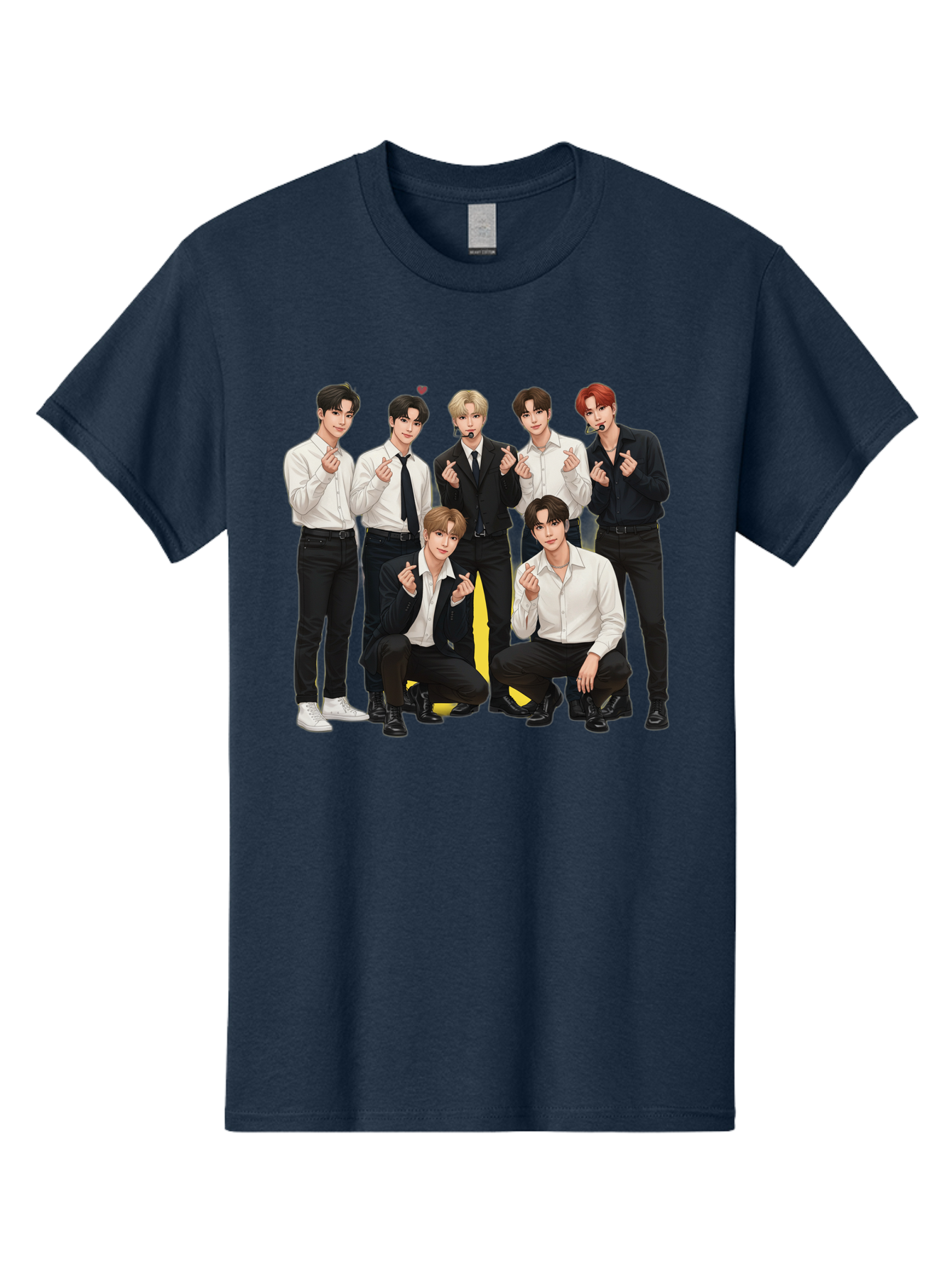 K-Pop-Group Men'S Graphic Tee, 100% Cotton, Comfortable Casual Summer Wear, Machine Washable, Seven-Member K-Pop Group, Formal Attire, Black And White Clothing, Posing For A Photo, Headsets, Finger Hearts, Group Shot, K-Pop Fashion, Bac100