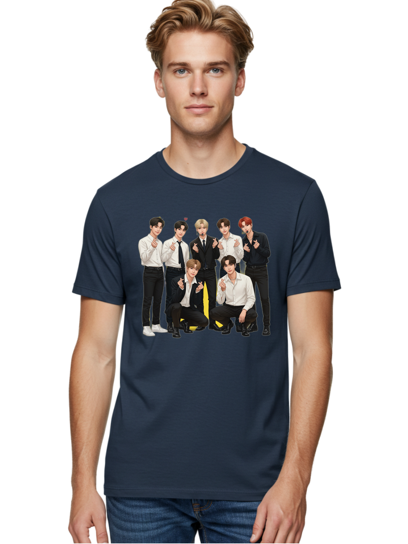 K-Pop-Group Men'S Graphic Tee, 100% Cotton, Comfortable Casual Summer Wear, Machine Washable, Seven-Member K-Pop Group, Formal Attire, Black And White Clothing, Posing For A Photo, Headsets, Finger Hearts, Group Shot, K-Pop Fashion, Bac100
