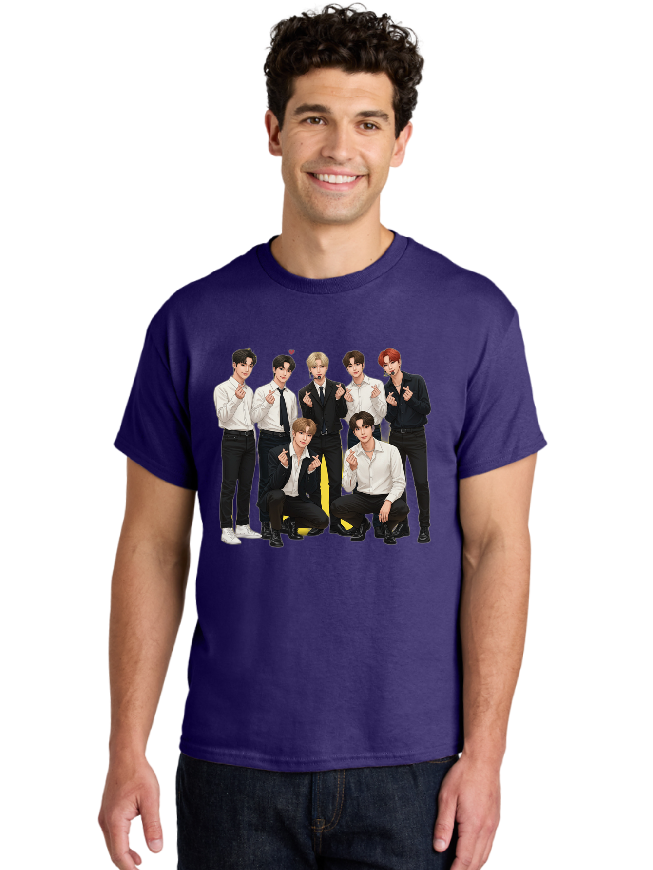 K-Pop-Group Men'S Graphic Tee, 100% Cotton, Comfortable Casual Summer Wear, Machine Washable, Seven-Member K-Pop Group, Formal Attire, Black And White Clothing, Posing For A Photo, Headsets, Finger Hearts, Group Shot, K-Pop Fashion, Bac100