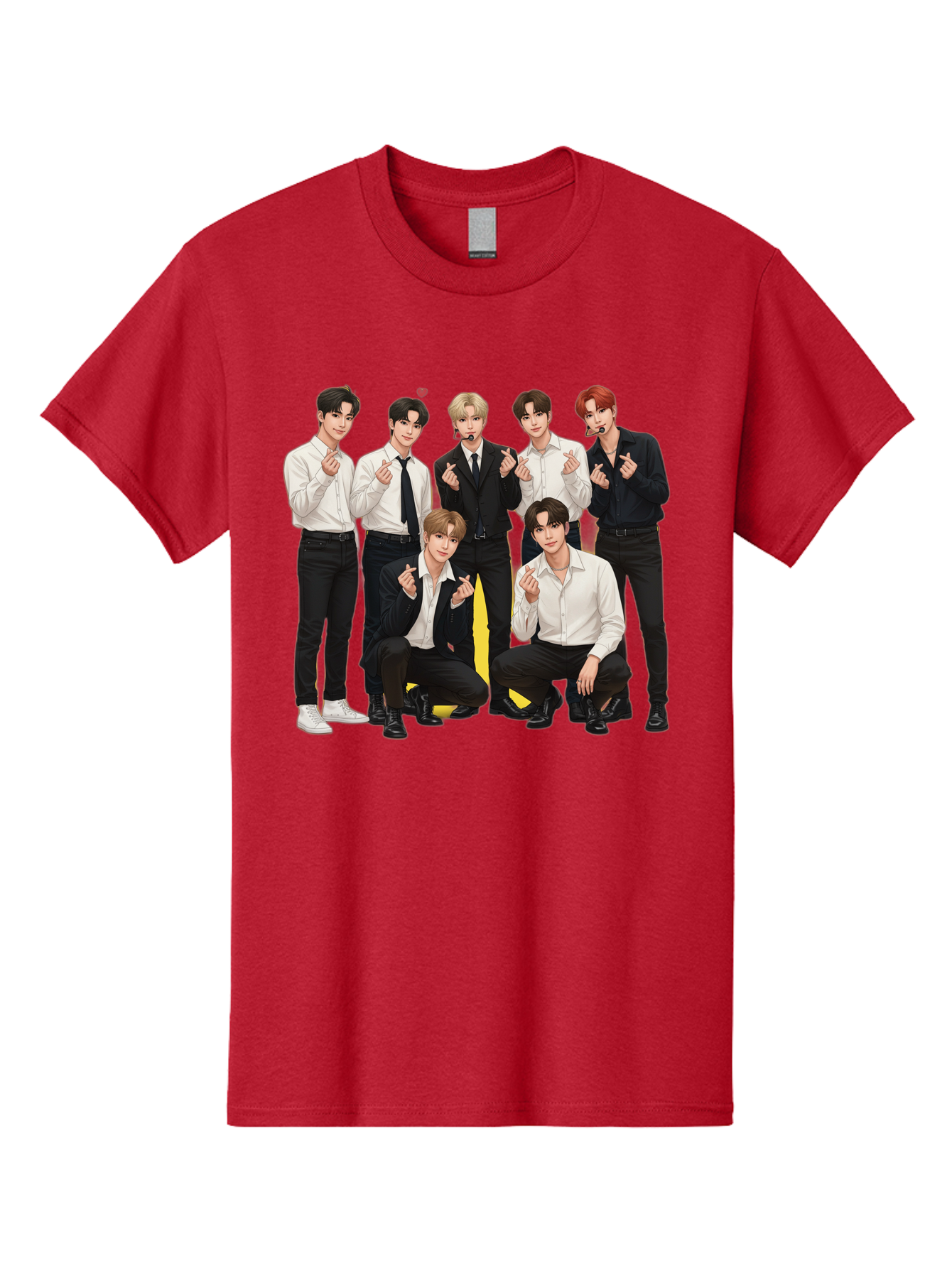 K-Pop-Group Men'S Graphic Tee, 100% Cotton, Comfortable Casual Summer Wear, Machine Washable, Seven-Member K-Pop Group, Formal Attire, Black And White Clothing, Posing For A Photo, Headsets, Finger Hearts, Group Shot, K-Pop Fashion, Bac100