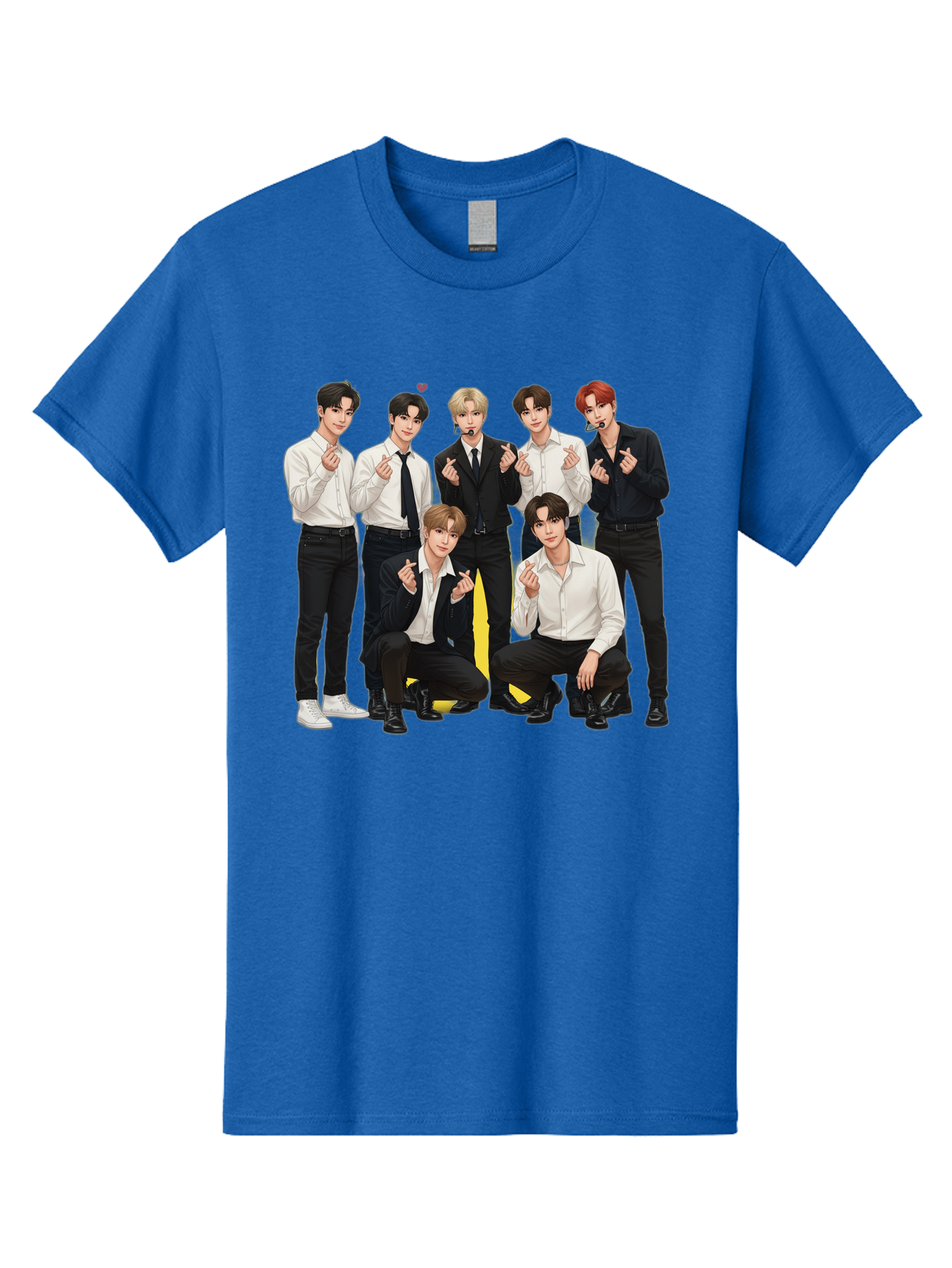 K-Pop-Group Men'S Graphic Tee, 100% Cotton, Comfortable Casual Summer Wear, Machine Washable, Seven-Member K-Pop Group, Formal Attire, Black And White Clothing, Posing For A Photo, Headsets, Finger Hearts, Group Shot, K-Pop Fashion, Bac100