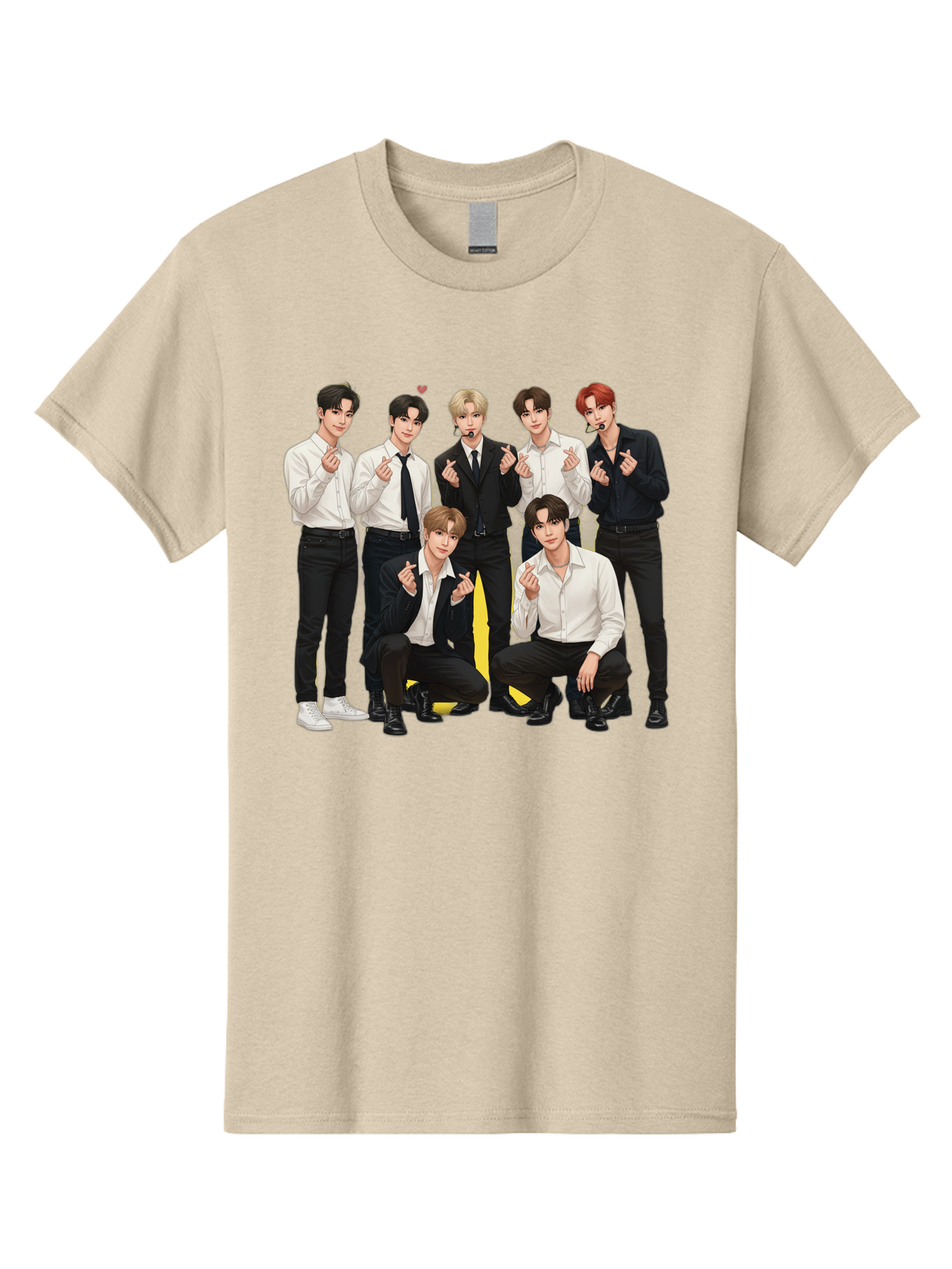 K-Pop-Group Men'S Graphic Tee, 100% Cotton, Comfortable Casual Summer Wear, Machine Washable, Seven-Member K-Pop Group, Formal Attire, Black And White Clothing, Posing For A Photo, Headsets, Finger Hearts, Group Shot, K-Pop Fashion, Bac100