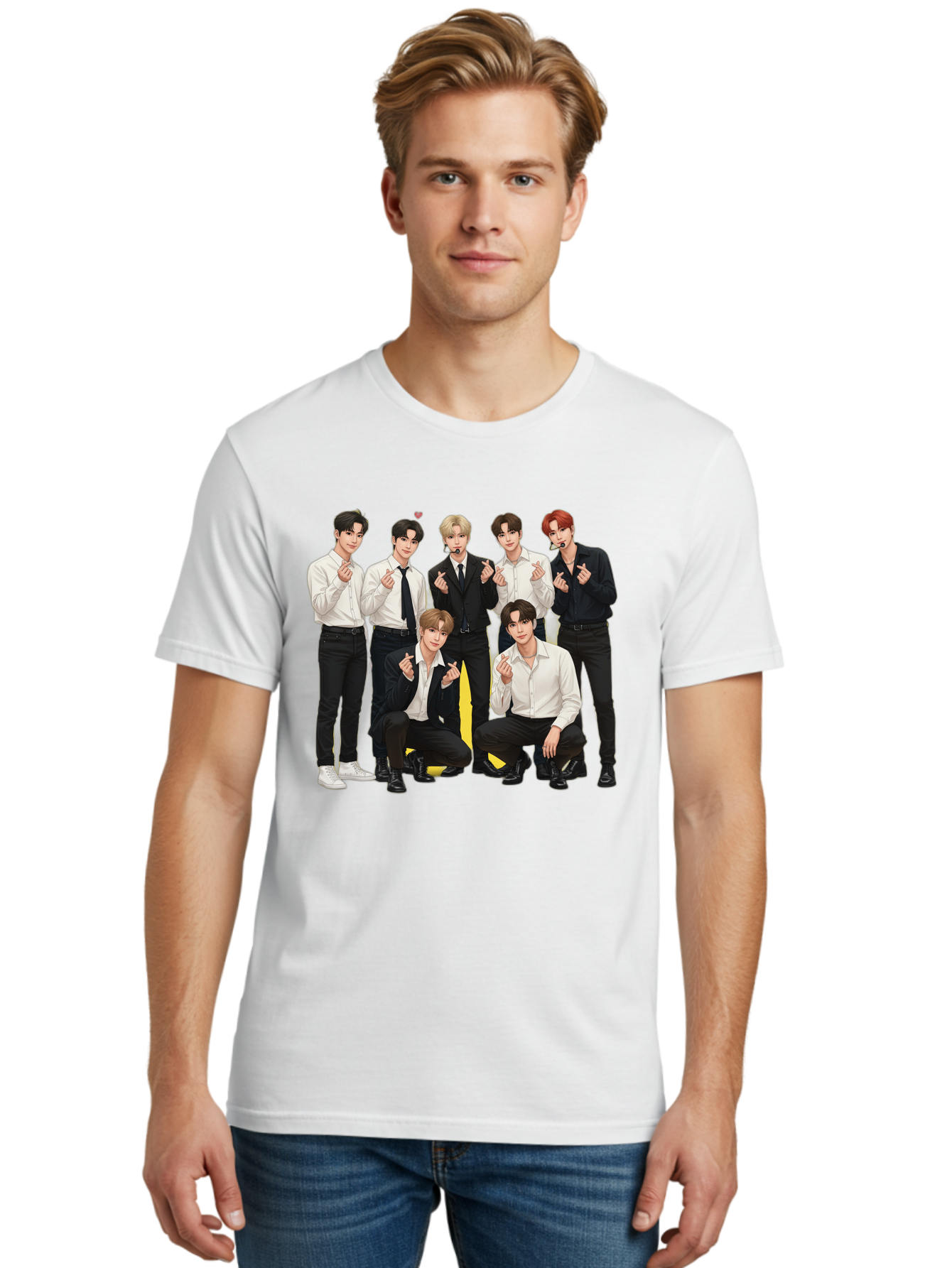 K-Pop-Group Men'S Graphic Tee, 100% Cotton, Comfortable Casual Summer Wear, Machine Washable, Seven-Member K-Pop Group, Formal Attire, Black And White Clothing, Posing For A Photo, Headsets, Finger Hearts, Group Shot, K-Pop Fashion, Bac100