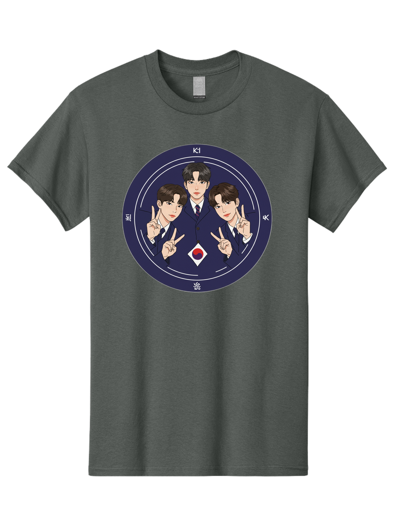 K-Pop-Idol-Trio Men'S Graphic Tee, 100% Cotton, Comfortable Casual Summer Wear, Machine Washable, K-Pop Group, Three Members, Blue Suits, Korean Flag, Peace Signs, K-Pop Fashion, Korean Pop Culture, Group Portrait, Stylish Hairstyles, Bac101