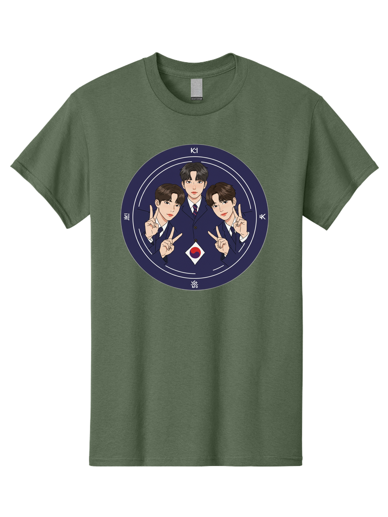 K-Pop-Idol-Trio Men'S Graphic Tee, 100% Cotton, Comfortable Casual Summer Wear, Machine Washable, K-Pop Group, Three Members, Blue Suits, Korean Flag, Peace Signs, K-Pop Fashion, Korean Pop Culture, Group Portrait, Stylish Hairstyles, Bac101