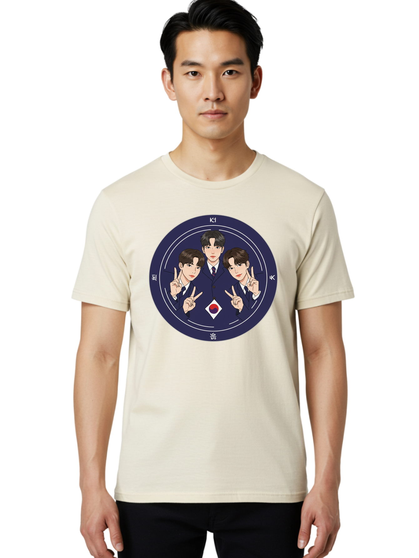 K-Pop-Idol-Trio Men'S Graphic Tee, 100% Cotton, Comfortable Casual Summer Wear, Machine Washable, K-Pop Group, Three Members, Blue Suits, Korean Flag, Peace Signs, K-Pop Fashion, Korean Pop Culture, Group Portrait, Stylish Hairstyles, Bac101